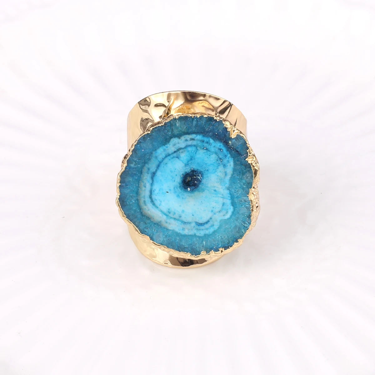 Natural Agate Stone Adjustable Ring – Irregular Crystal Druse with Gold Wrap (Healing Jewelry)