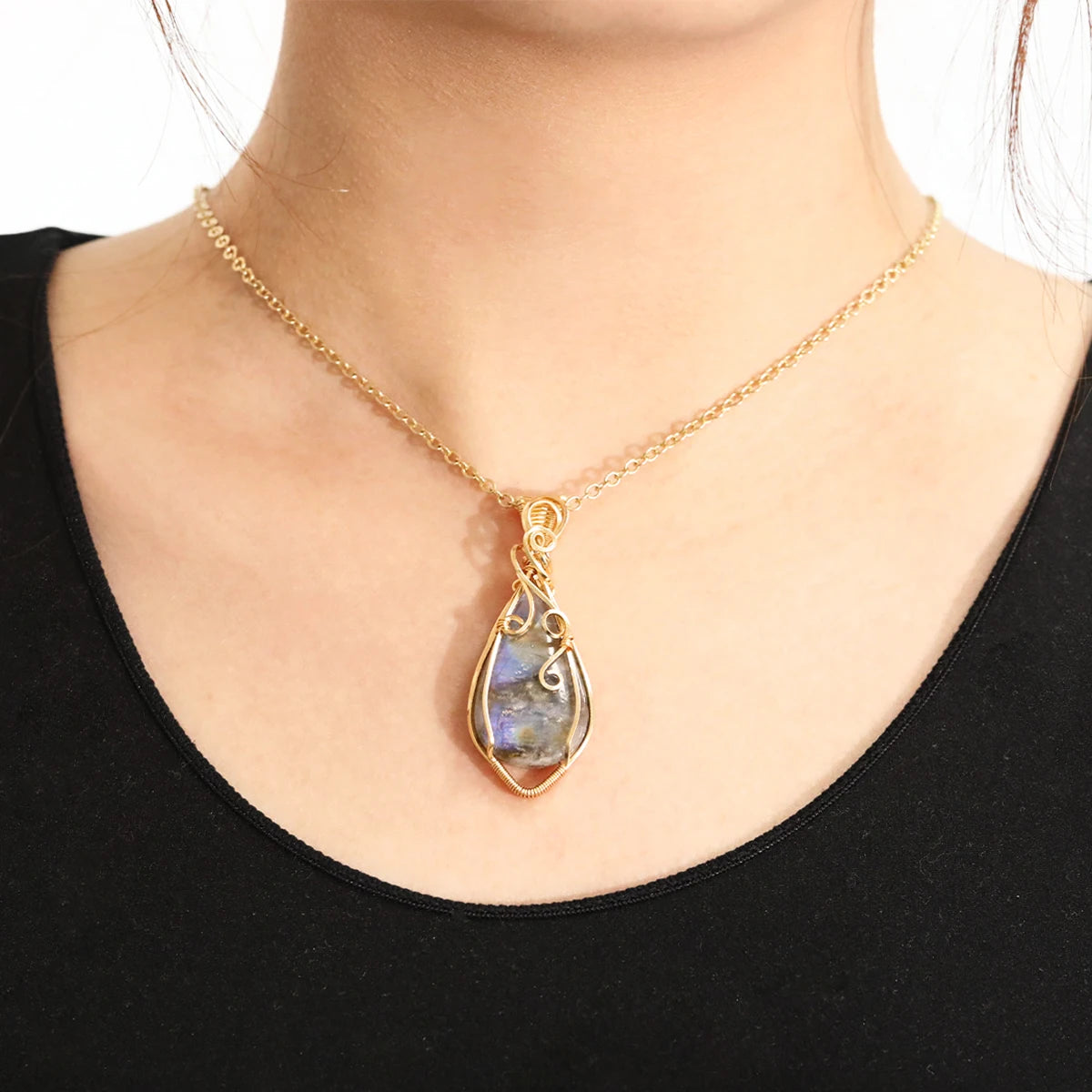 Labradorite Teardrop Wire Wrapped Pendant Necklace – Inner Vision, Transformation & Spiritual Protection