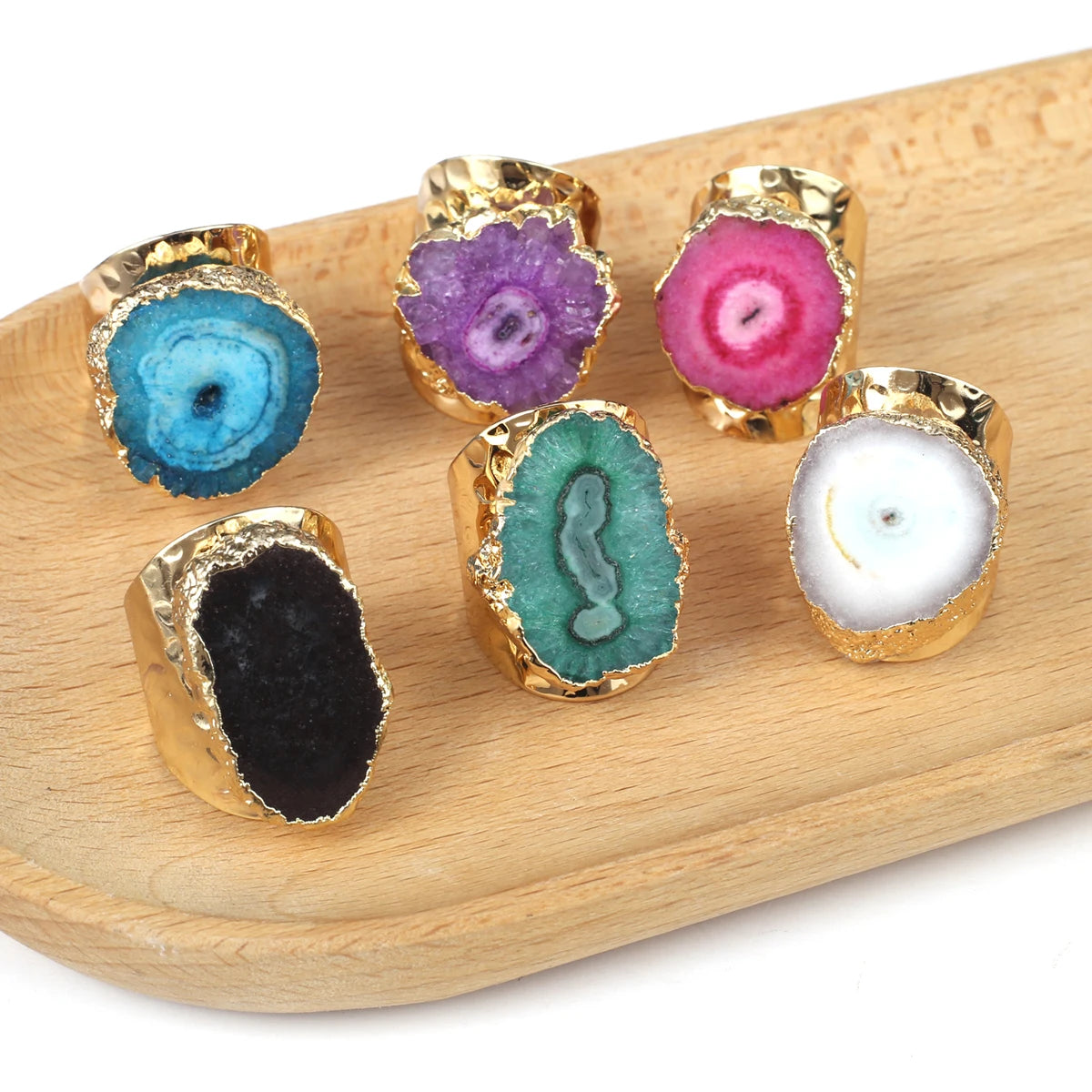 Natural Agate Stone Adjustable Ring – Irregular Crystal Druse with Gold Wrap (Healing Jewelry)