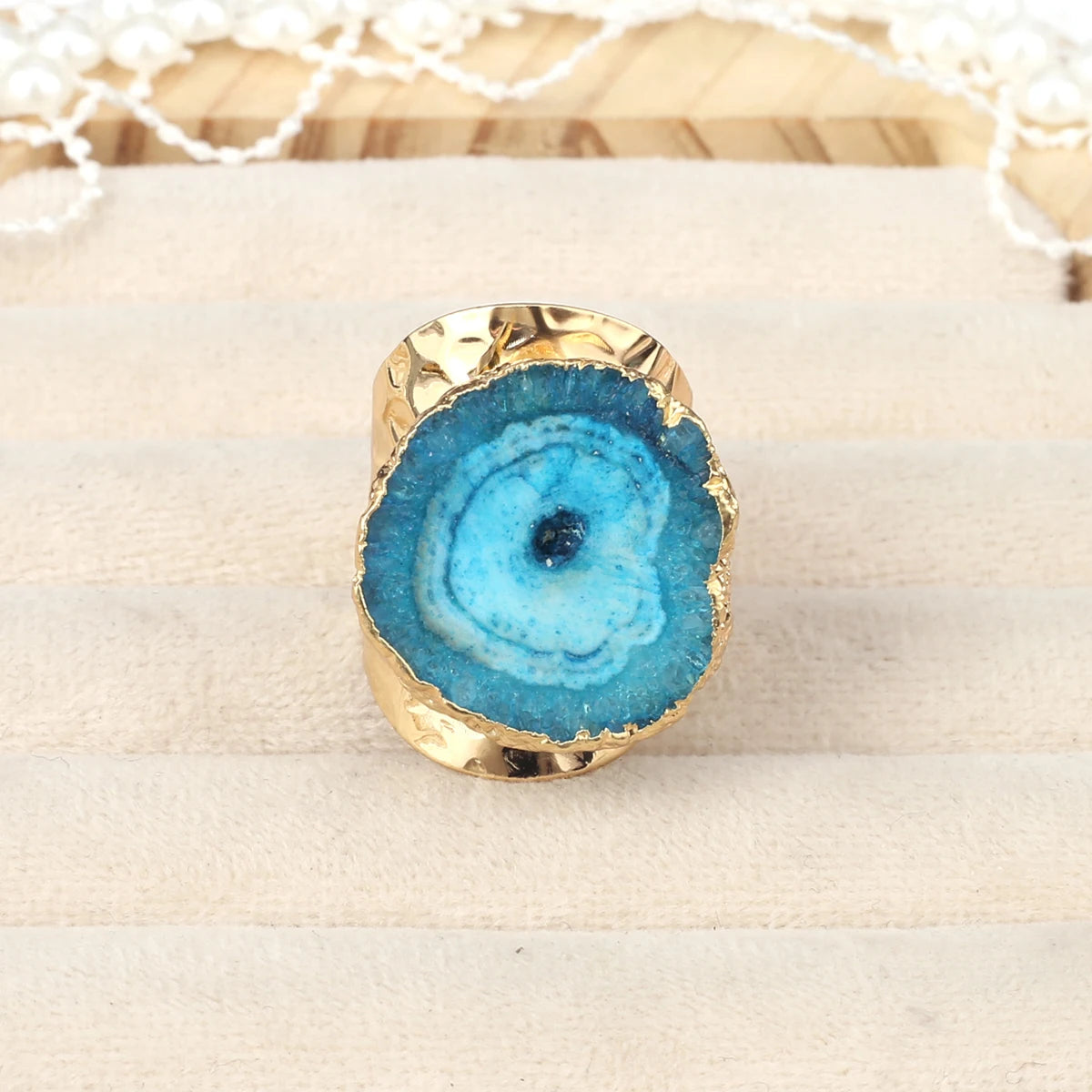 Natural Agate Stone Adjustable Ring – Irregular Crystal Druse with Gold Wrap (Healing Jewelry)