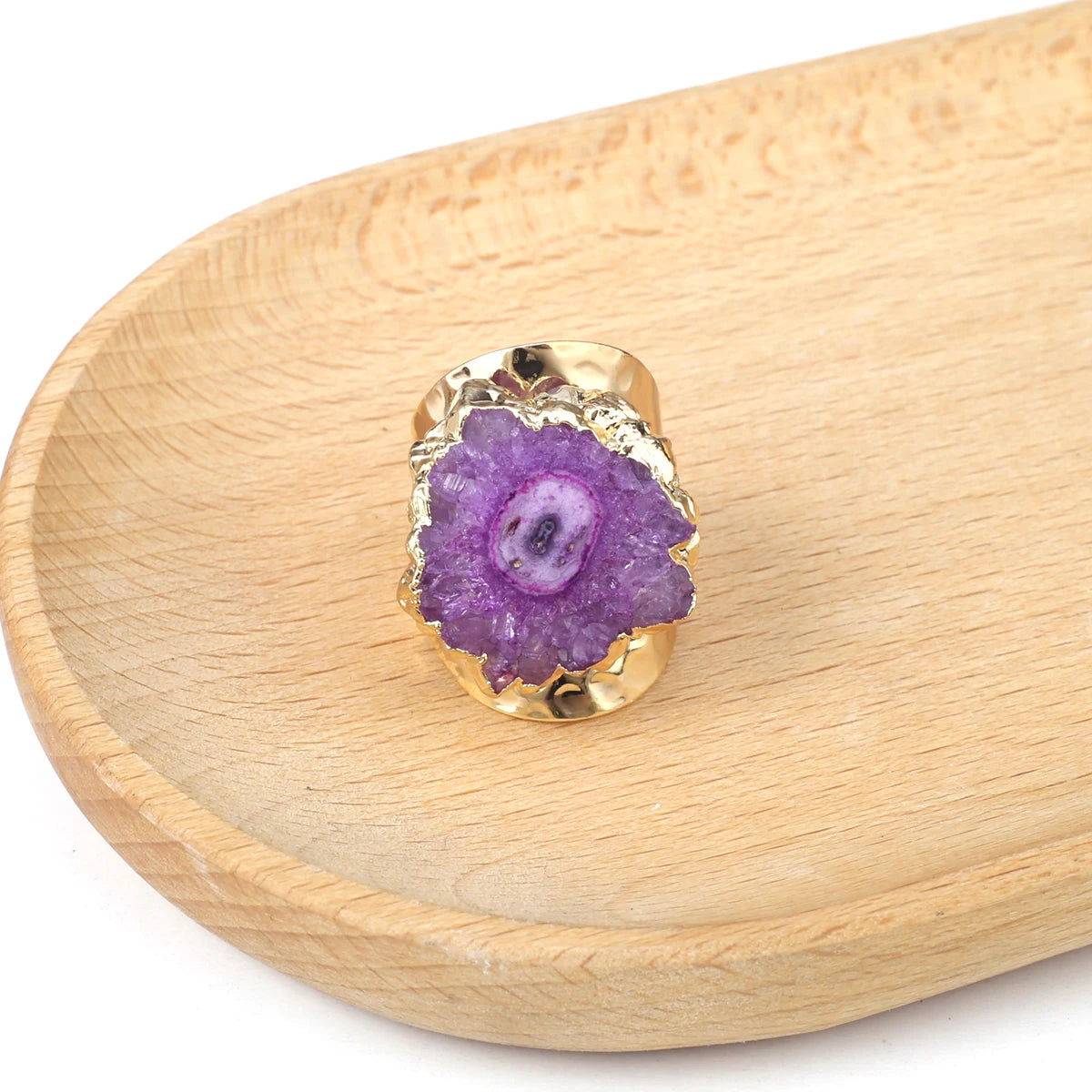 Natural Agate Stone Adjustable Ring – Irregular Crystal Druse with Gold Wrap (Healing Jewelry)