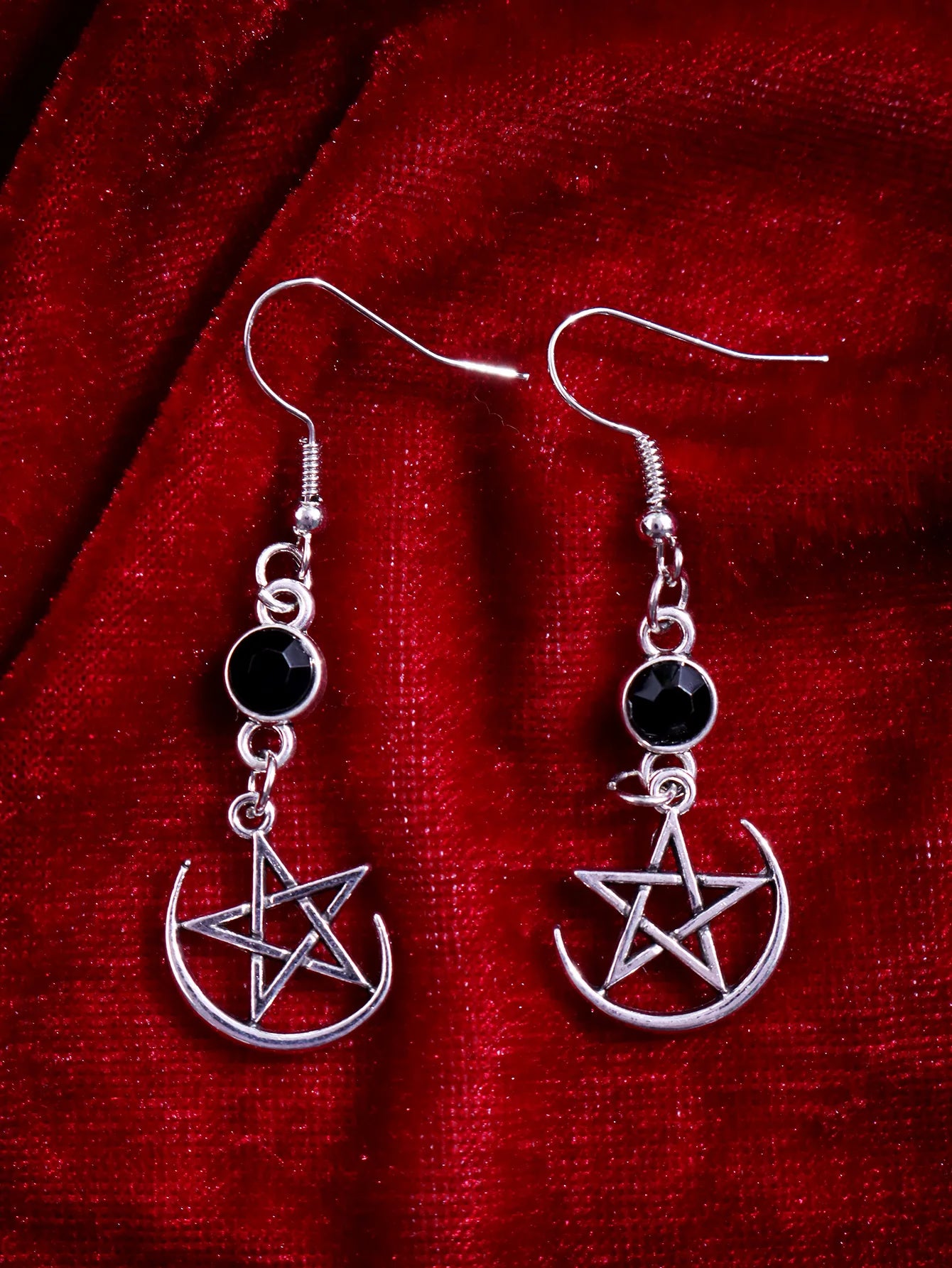 Witchy Pentagram Drop Earrings – Occult Moon, Cross & Star