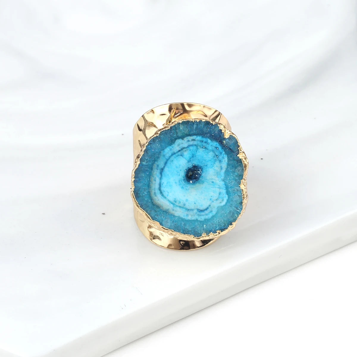 Natural Agate Stone Adjustable Ring – Irregular Crystal Druse with Gold Wrap (Healing Jewelry)