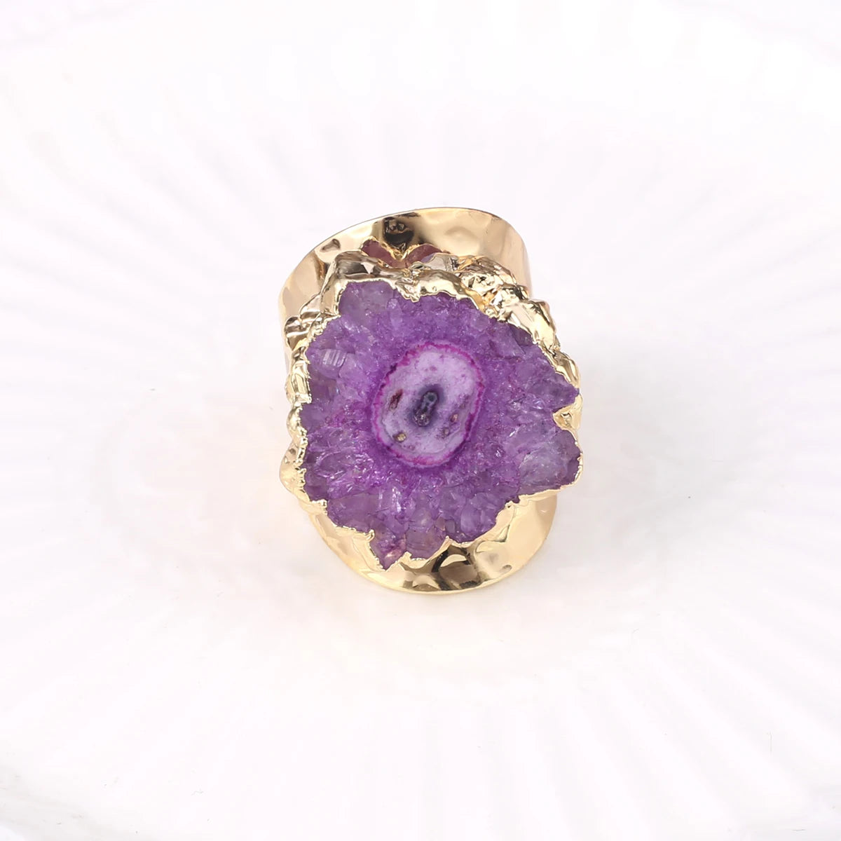 Natural Agate Stone Adjustable Ring – Irregular Crystal Druse with Gold Wrap (Healing Jewelry)