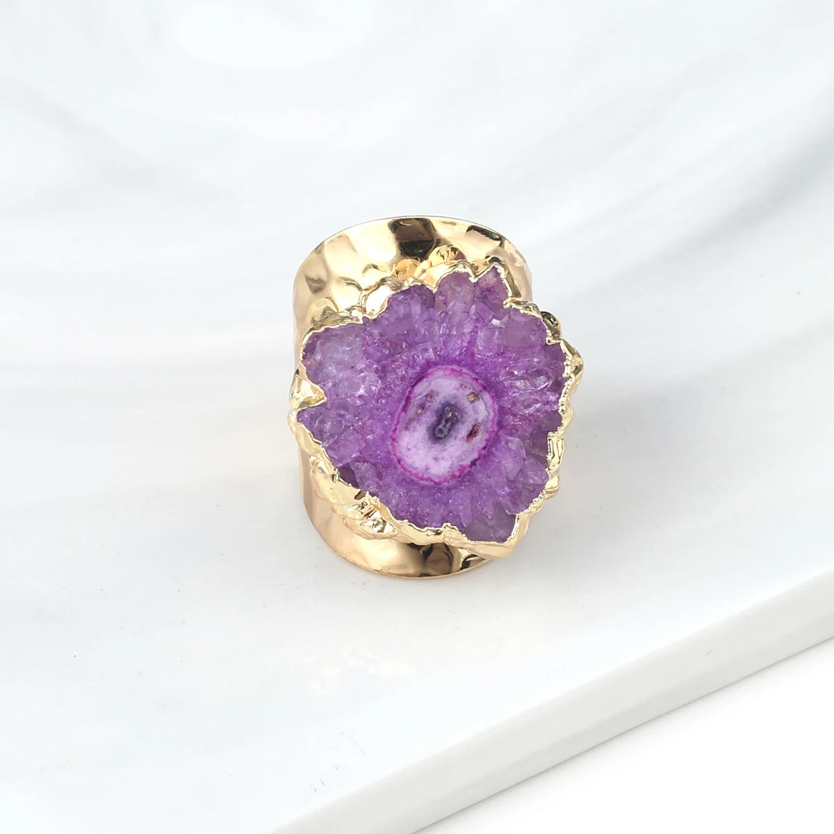 Natural Agate Stone Adjustable Ring – Irregular Crystal Druse with Gold Wrap (Healing Jewelry)