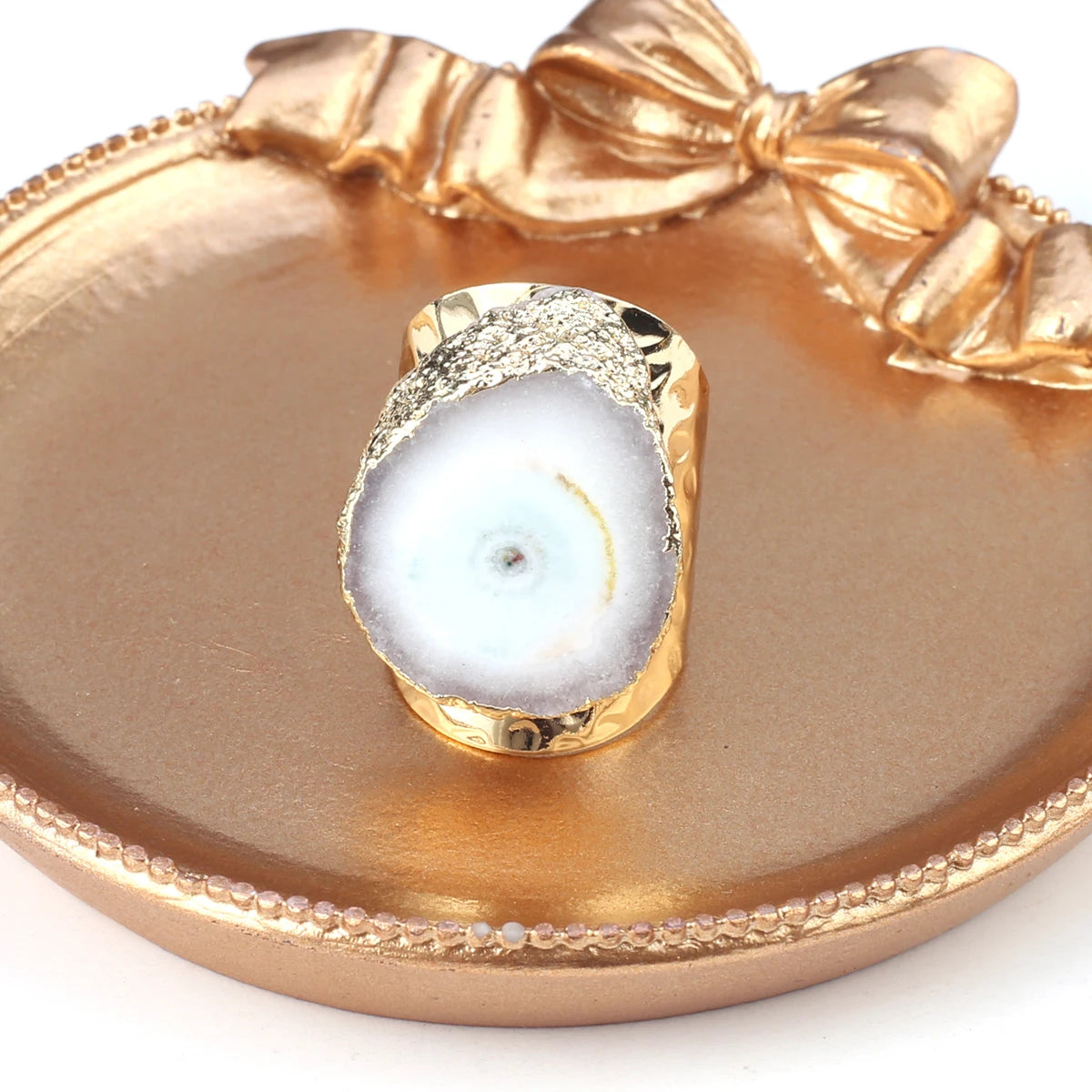 Natural Agate Stone Adjustable Ring – Irregular Crystal Druse with Gold Wrap (Healing Jewelry)