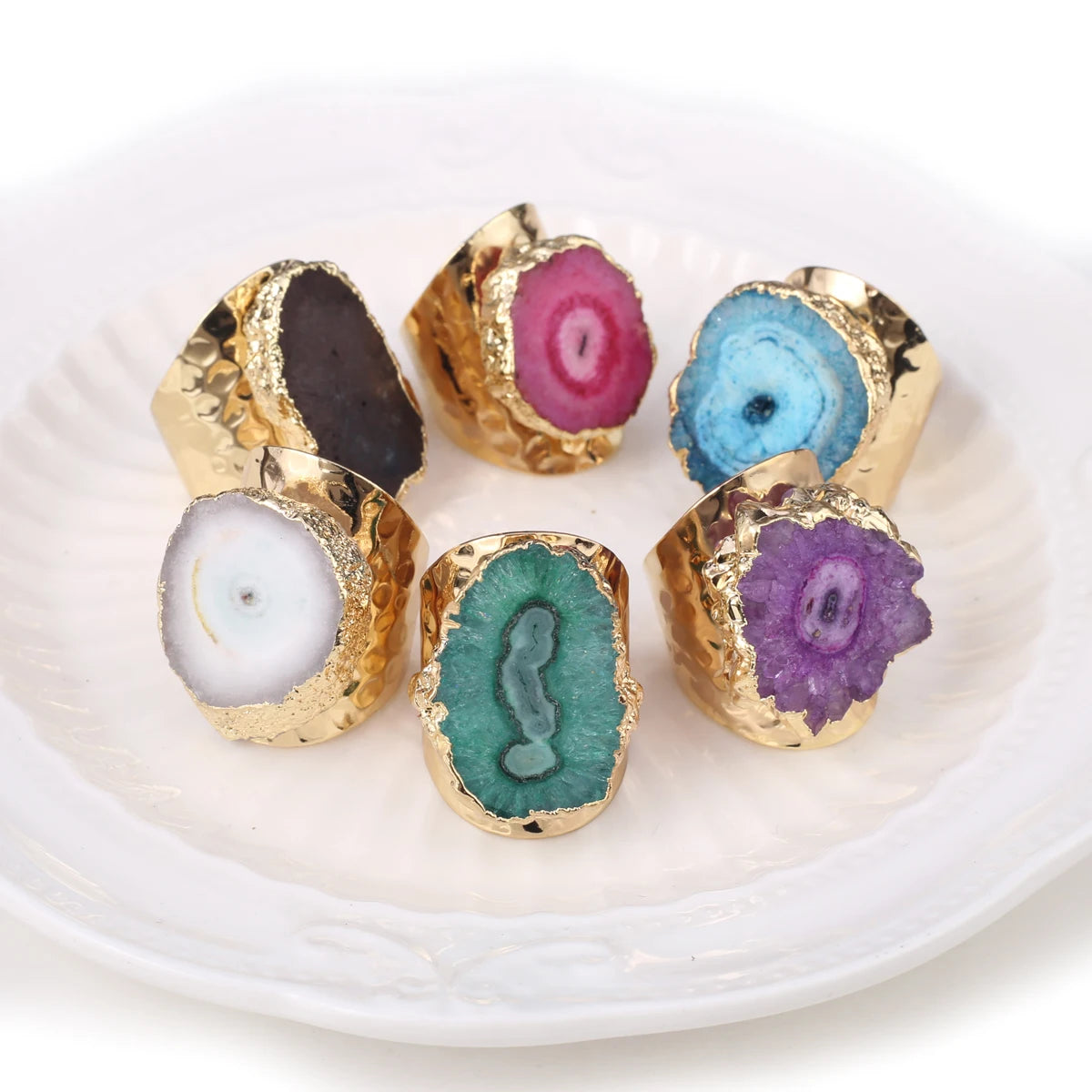 Natural Agate Stone Adjustable Ring – Irregular Crystal Druse with Gold Wrap (Healing Jewelry)