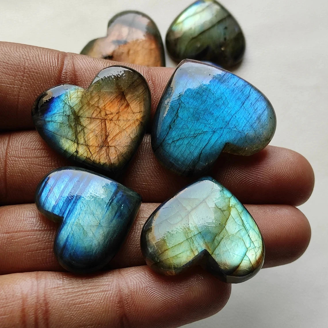 2pcs Flashy Labradorite Heart Set – Polished Crystal for Healing, Protection & Intuition (Flatback Stones)