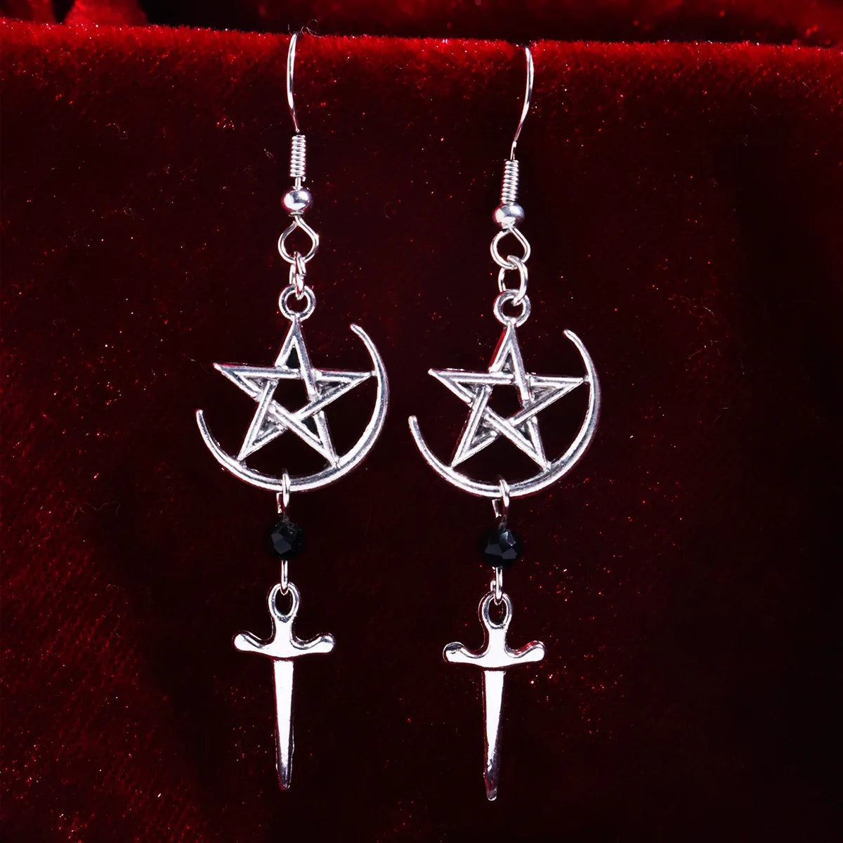 Witchy Pentagram Drop Earrings – Occult Moon, Cross & Star