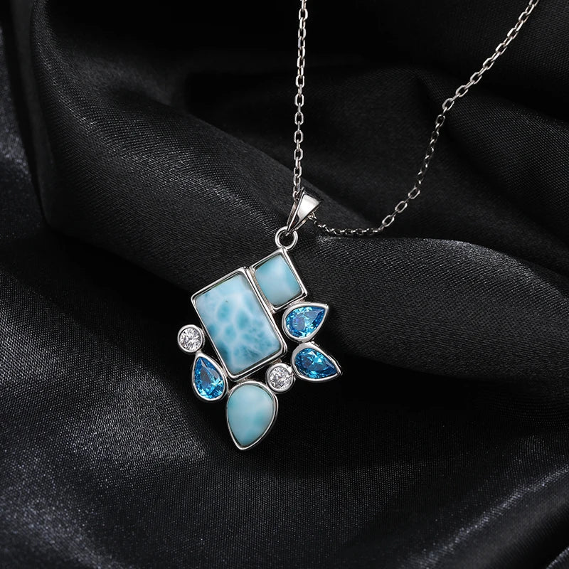 Mystic Tides Larimar Geometry Pendant – 925 Sterling Silver with Platinum Plating for Balance & Manifestation