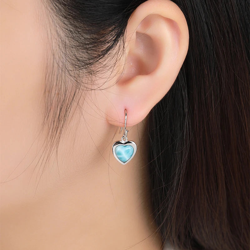 Larimar Heart Drop Earrings – 925 Sterling Silver with Platinum Plating for Love, Calm & Manifestation