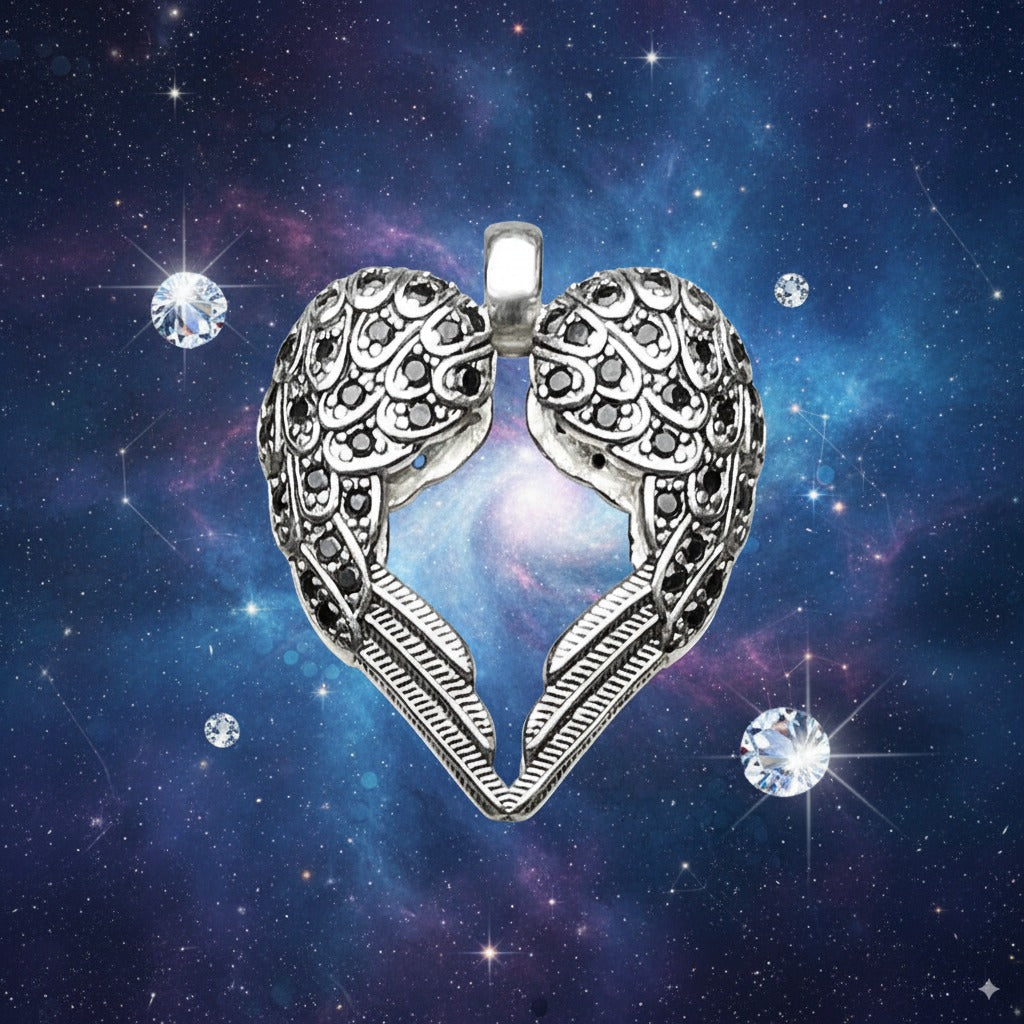 Angel Wings Heart Pendant – 925 Sterling Silver with Zircon Accents