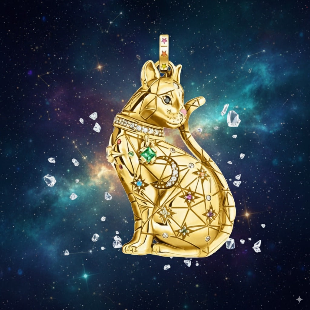 Celestial Cat Pendant – 925 Sterling Silver with Gold Finish & Multicolor Zircon