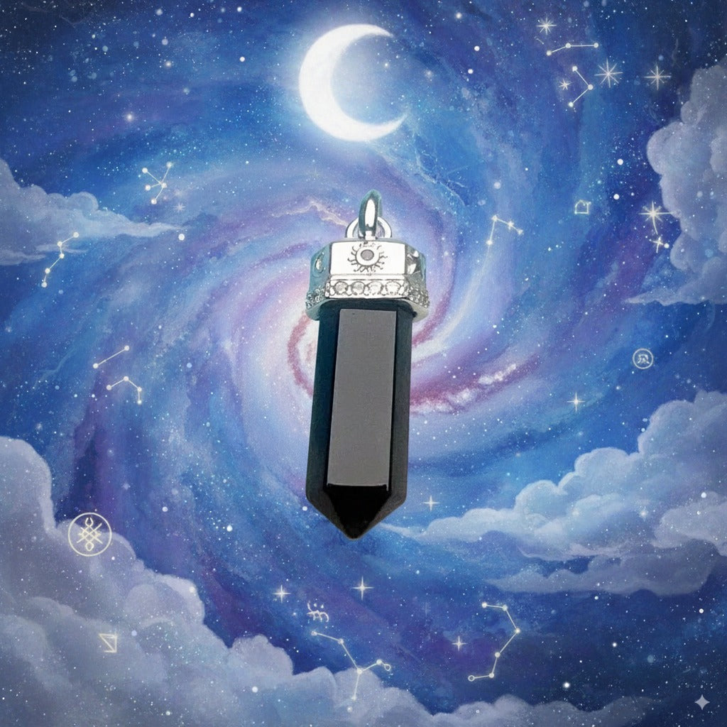 Black Onyx Hexagon Cosmic Pendant – 925 Sterling Silver with Engraved Celestial Symbols