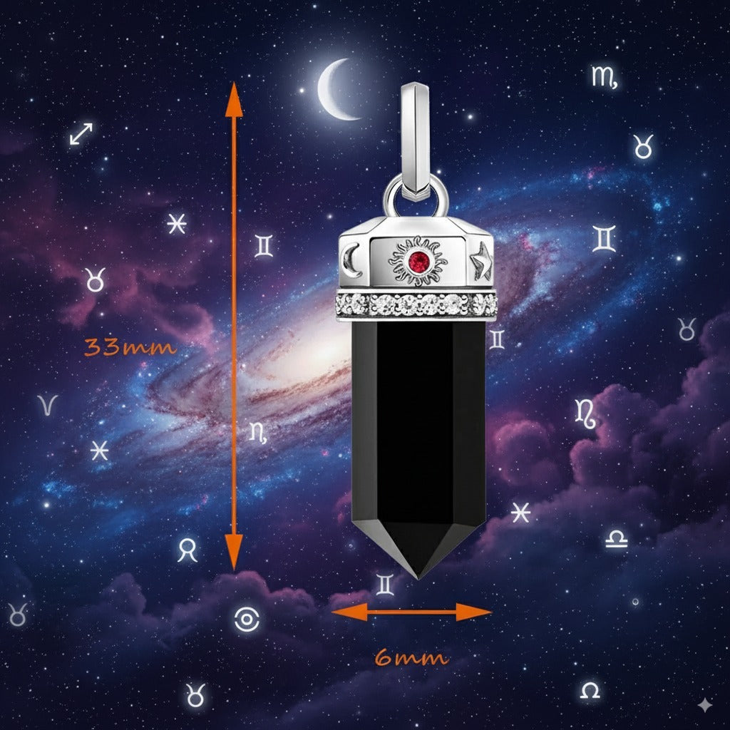 Black Onyx Hexagon Cosmic Pendant – 925 Sterling Silver with Engraved Celestial Symbols
