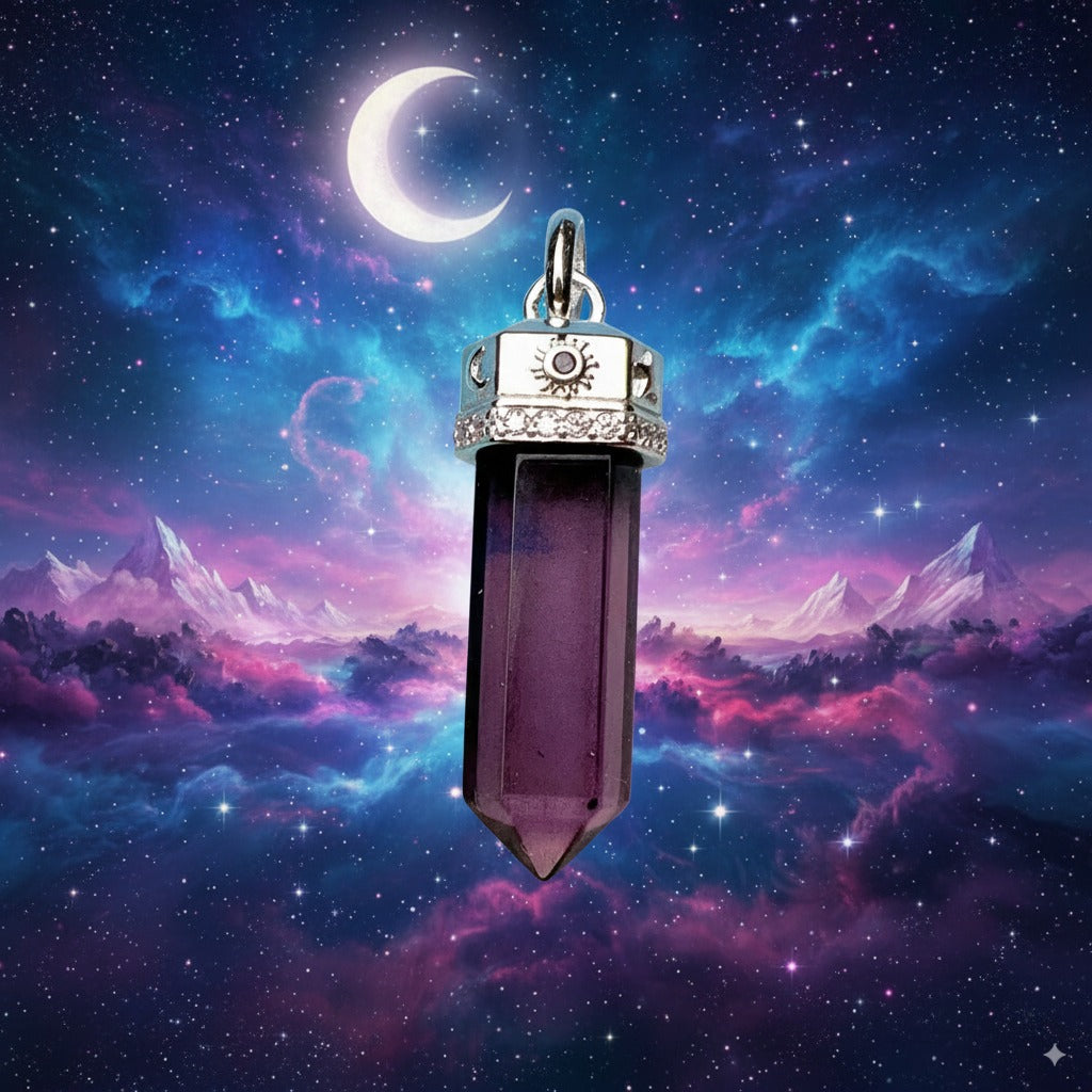 Amethyst Cosmic Talisman Pendant – 925 Sterling Silver with Sun & Eye Motifs for Healing, Protection & Manifestation