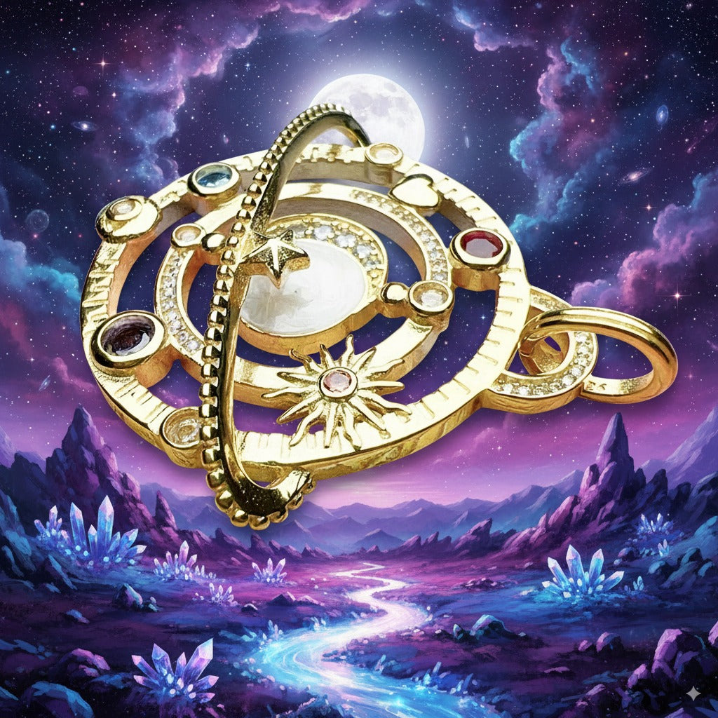 Cosmic Planetary Manifestation Pendant – 925 Sterling Silver Talisman with Celestial Symbols, Zircon & Enamel Accents