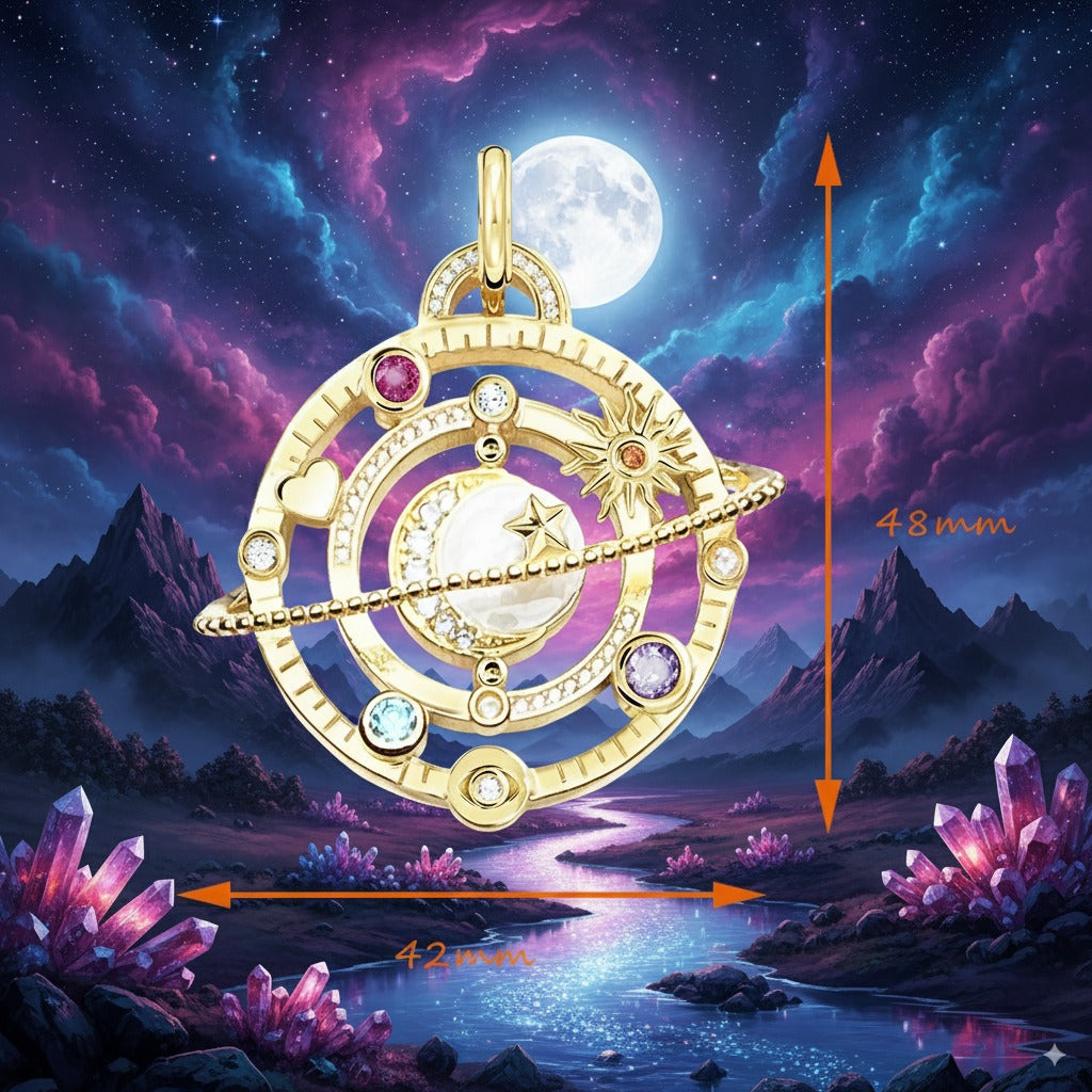 Cosmic Planetary Manifestation Pendant – 925 Sterling Silver Talisman with Celestial Symbols, Zircon & Enamel Accents