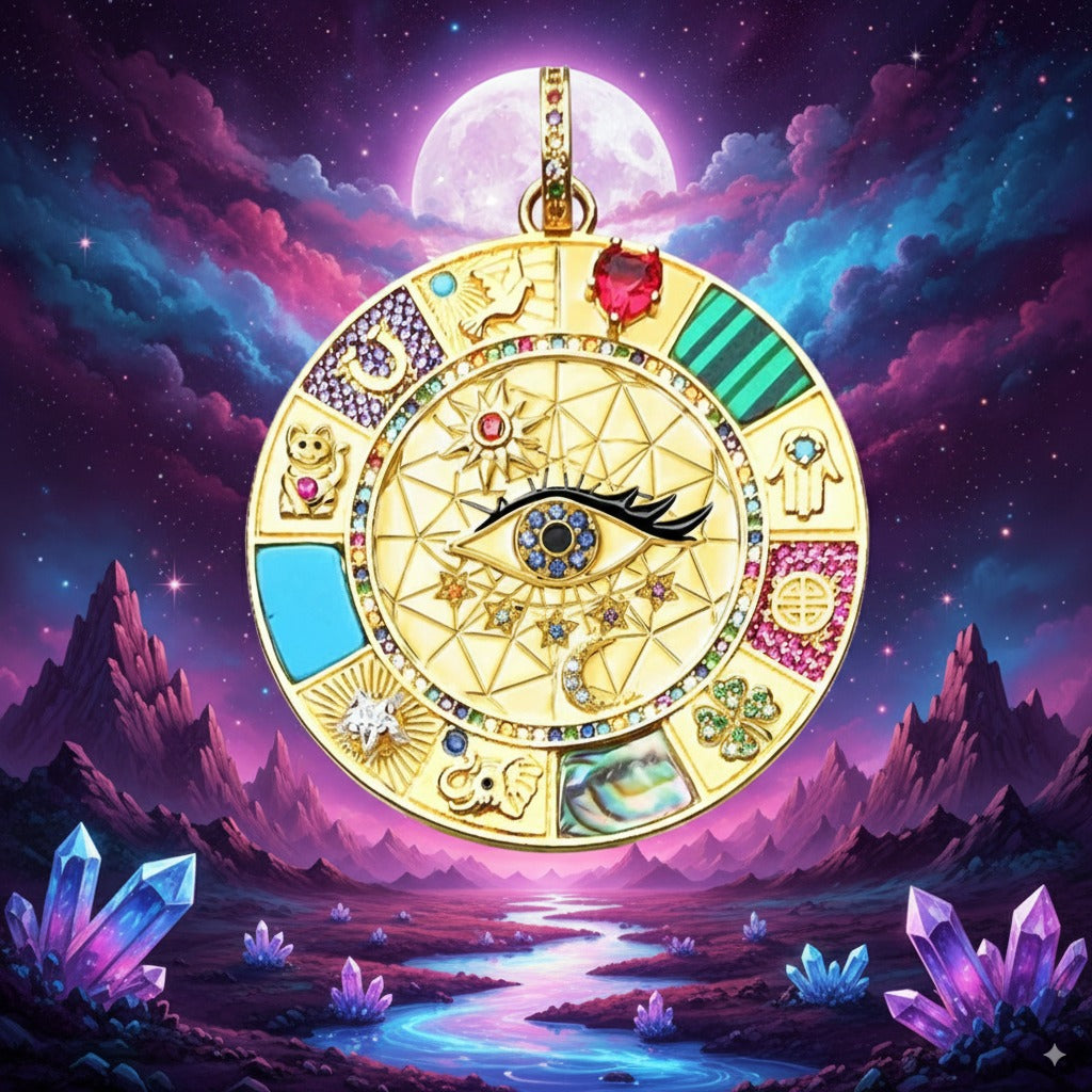 Celestial Protection Talisman – 18K Gold-Plated 925 Sterling Silver Amulet with Turquoise & Fortune Icons