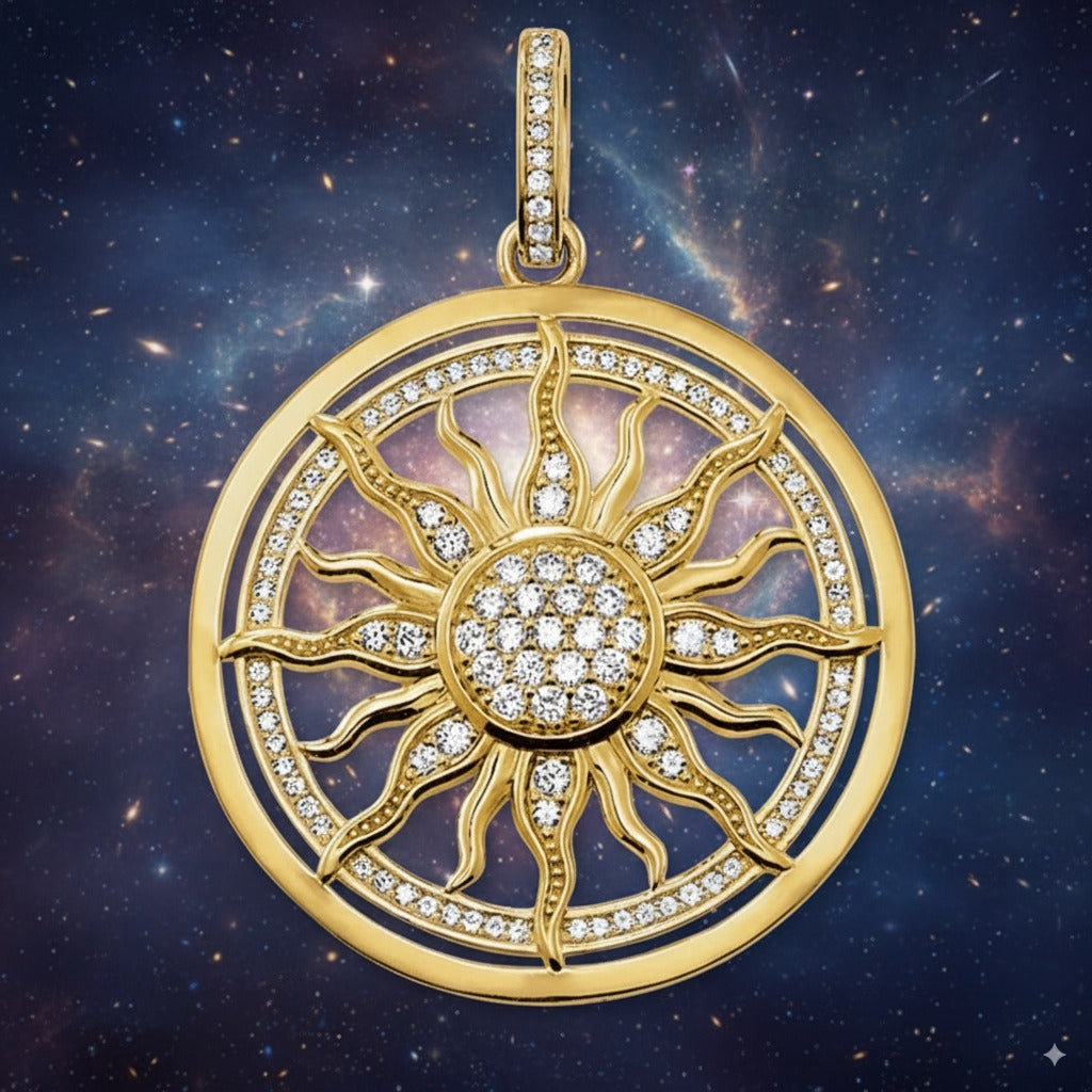 Golden Sun Manifestation Amulet – 925 Sterling Silver & Zircon Talisman for Energy, Protection & Vitality