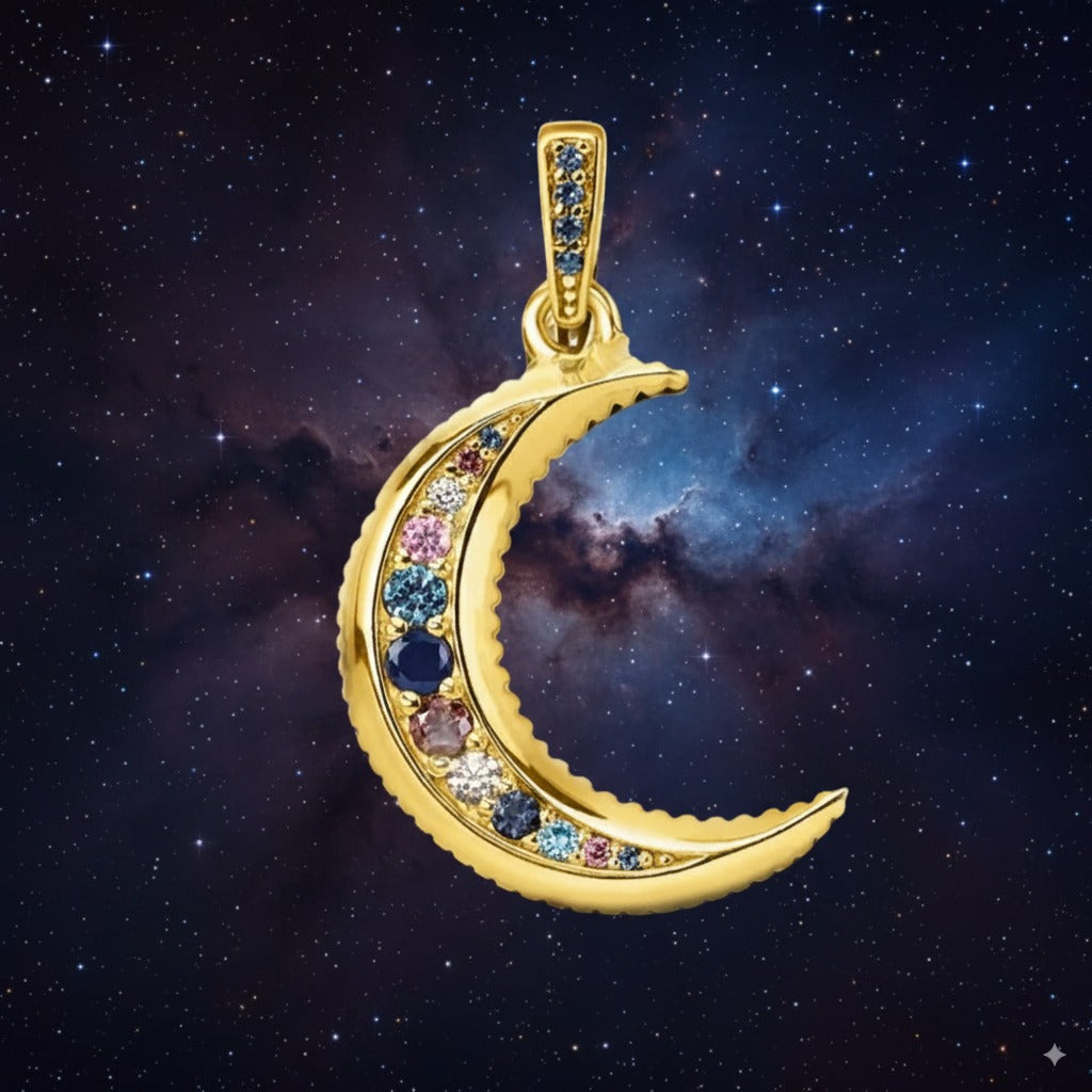 Royal Moon Crescent Talisman – 925 Sterling Silver & Multicolor Zircon Amulet for Intuition, Feminine Energy & Manifestation