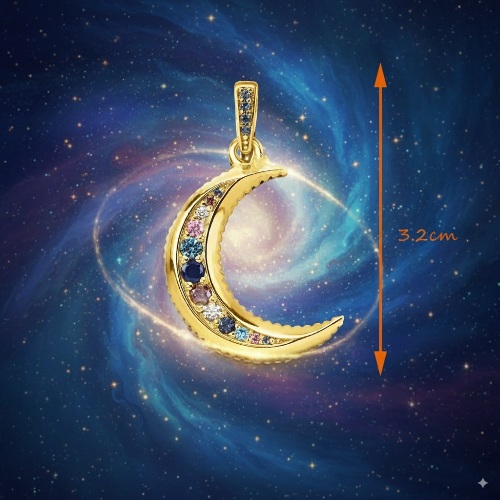 Royal Moon Crescent Talisman – 925 Sterling Silver & Multicolor Zircon Amulet for Intuition, Feminine Energy & Manifestation