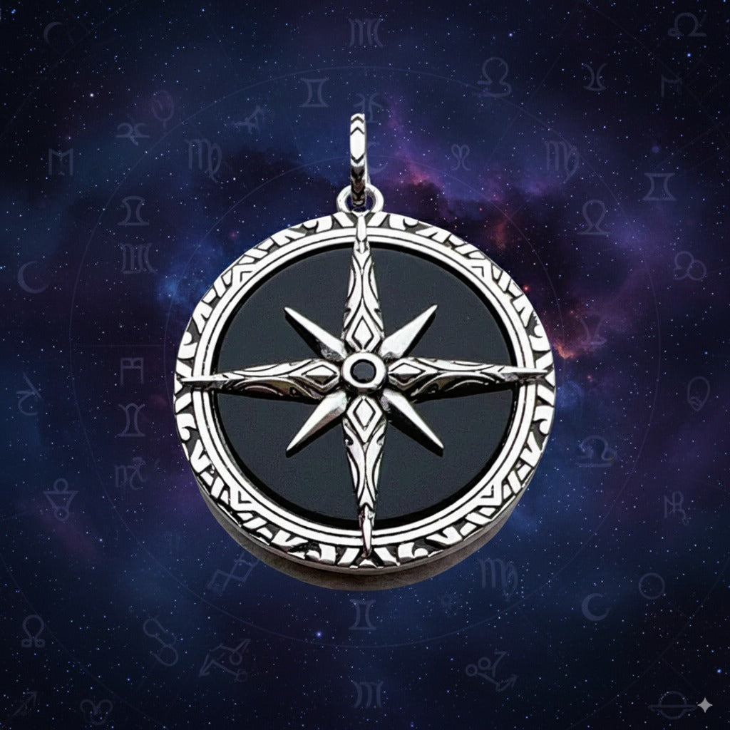 Brie & Marie Black Compass Pendant with Onyx – 925 Sterling Silver Talisman Necklace