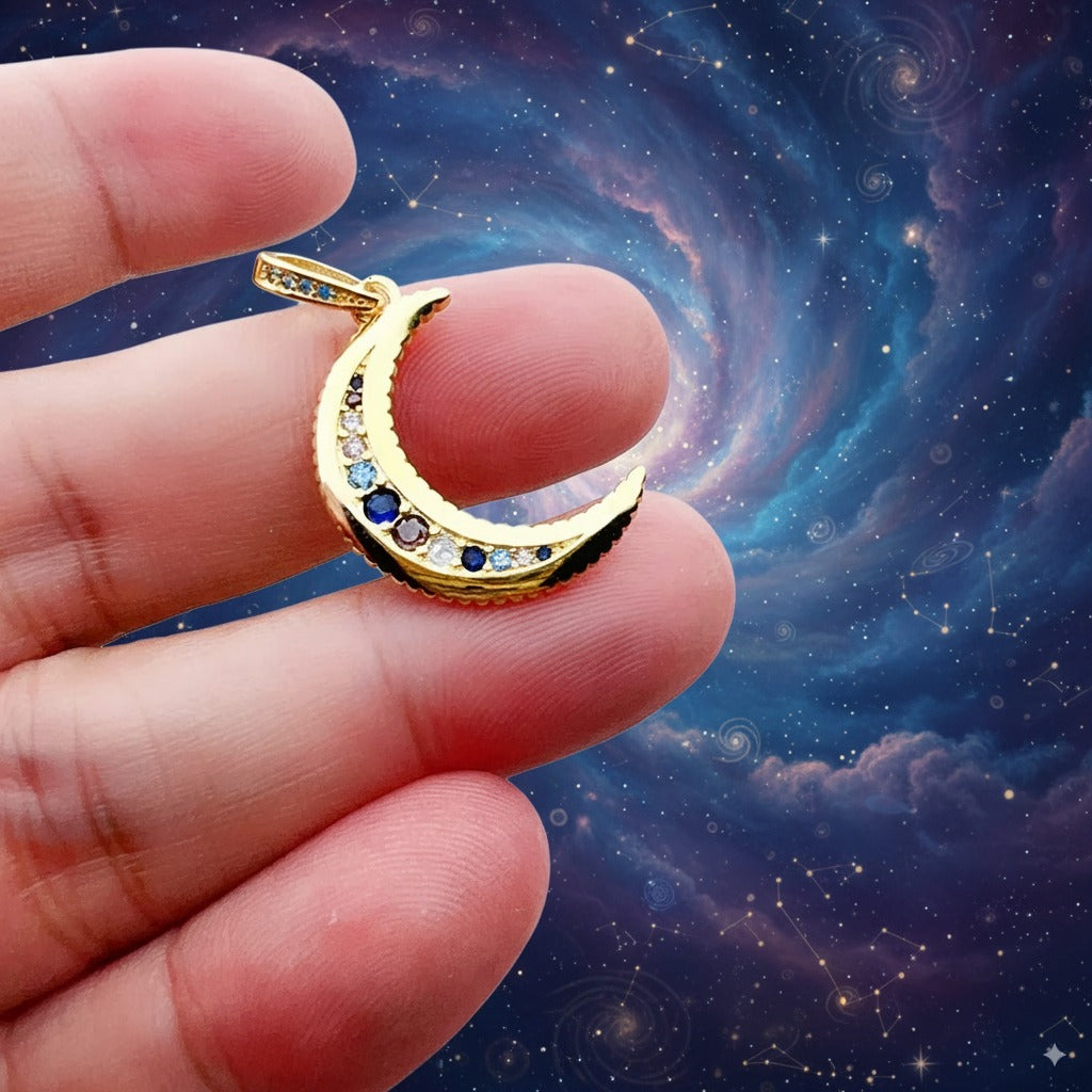 Royal Moon Crescent Talisman – 925 Sterling Silver & Multicolor Zircon Amulet for Intuition, Feminine Energy & Manifestation