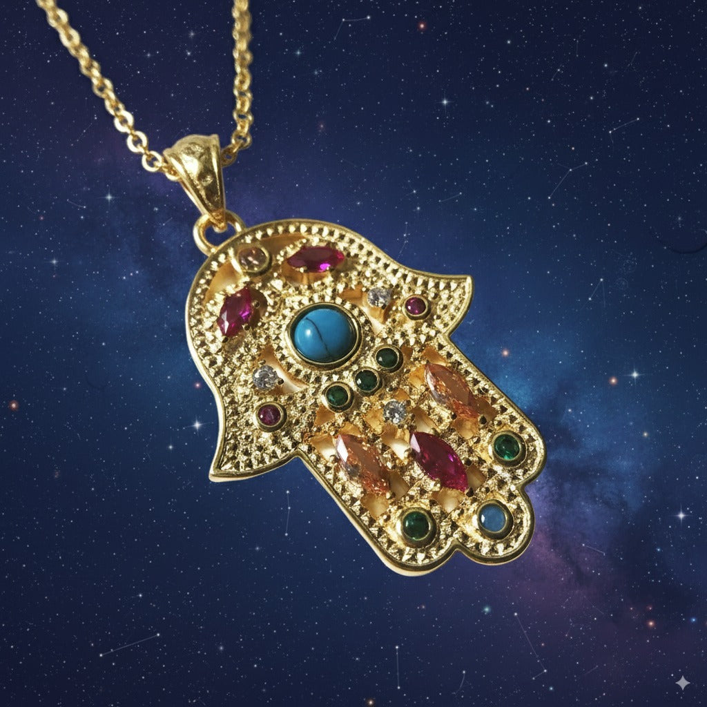 Hand of Fatima Protection Necklace – 18K Gold-Plated 925 Sterling Silver with Turquoise & Gem Accents