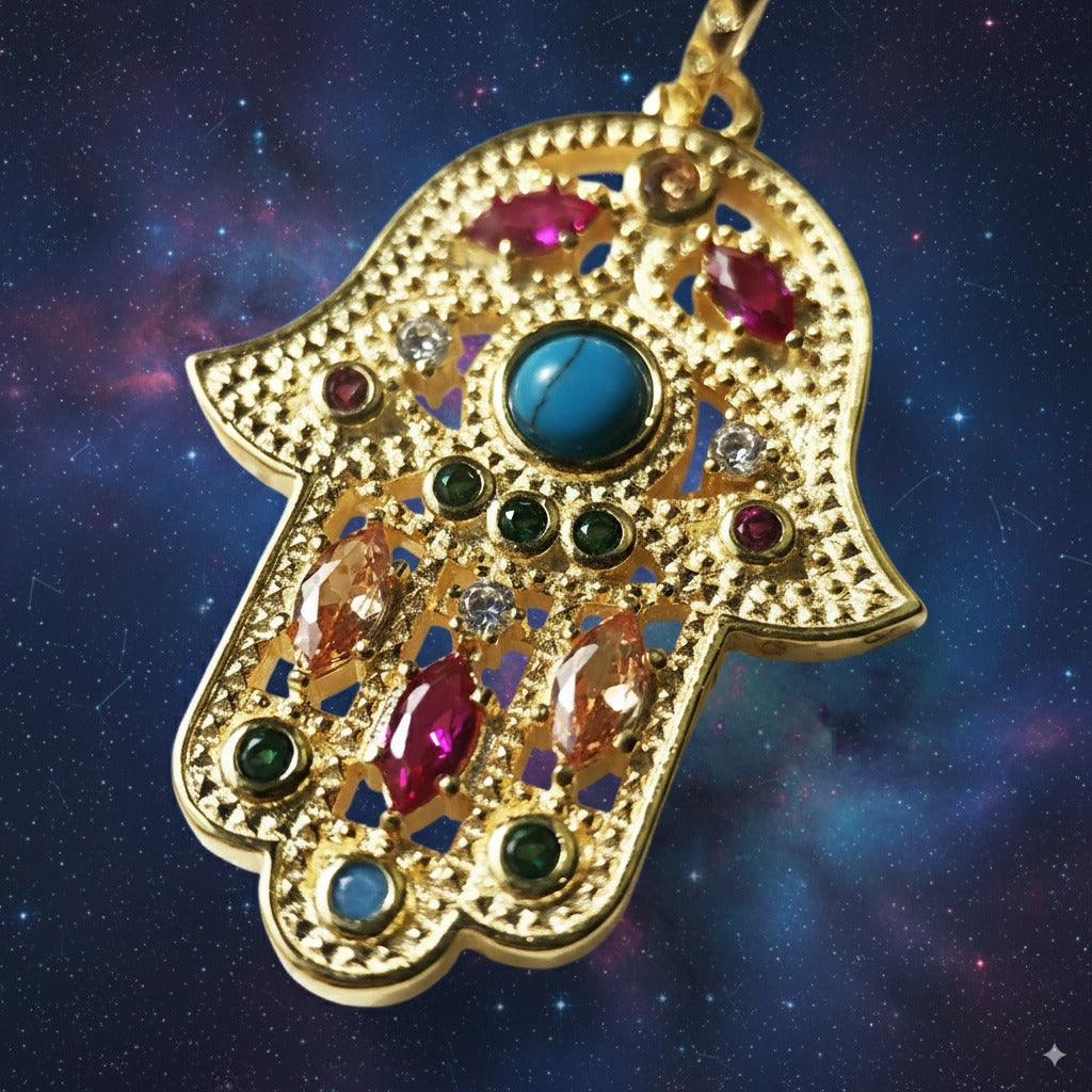 Hand of Fatima Protection Necklace – 18K Gold-Plated 925 Sterling Silver with Turquoise & Gem Accents