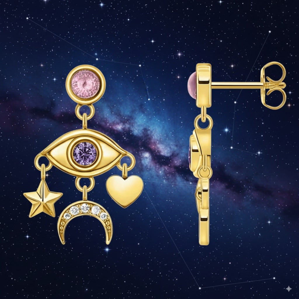 Cosmic Talisman Eye, Star, Moon & Heart Drop Earrings – 925 Sterling Silver with Zircon & 18k Gold Accents
