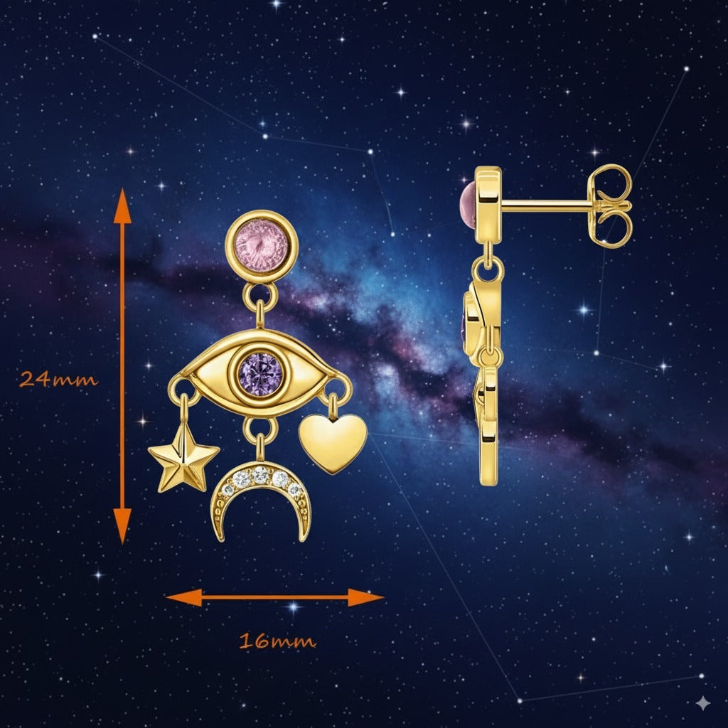 Cosmic Talisman Eye, Star, Moon & Heart Drop Earrings – 925 Sterling Silver with Zircon & 18k Gold Accents