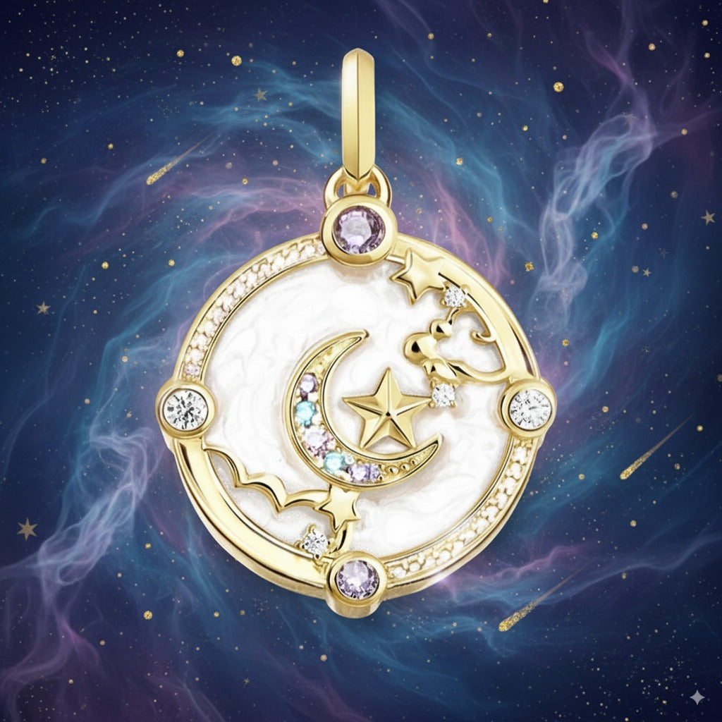 Crescent Moon, Stars & Clouds Pendant – 925 Sterling Silver with Zircon & Enamel Accents