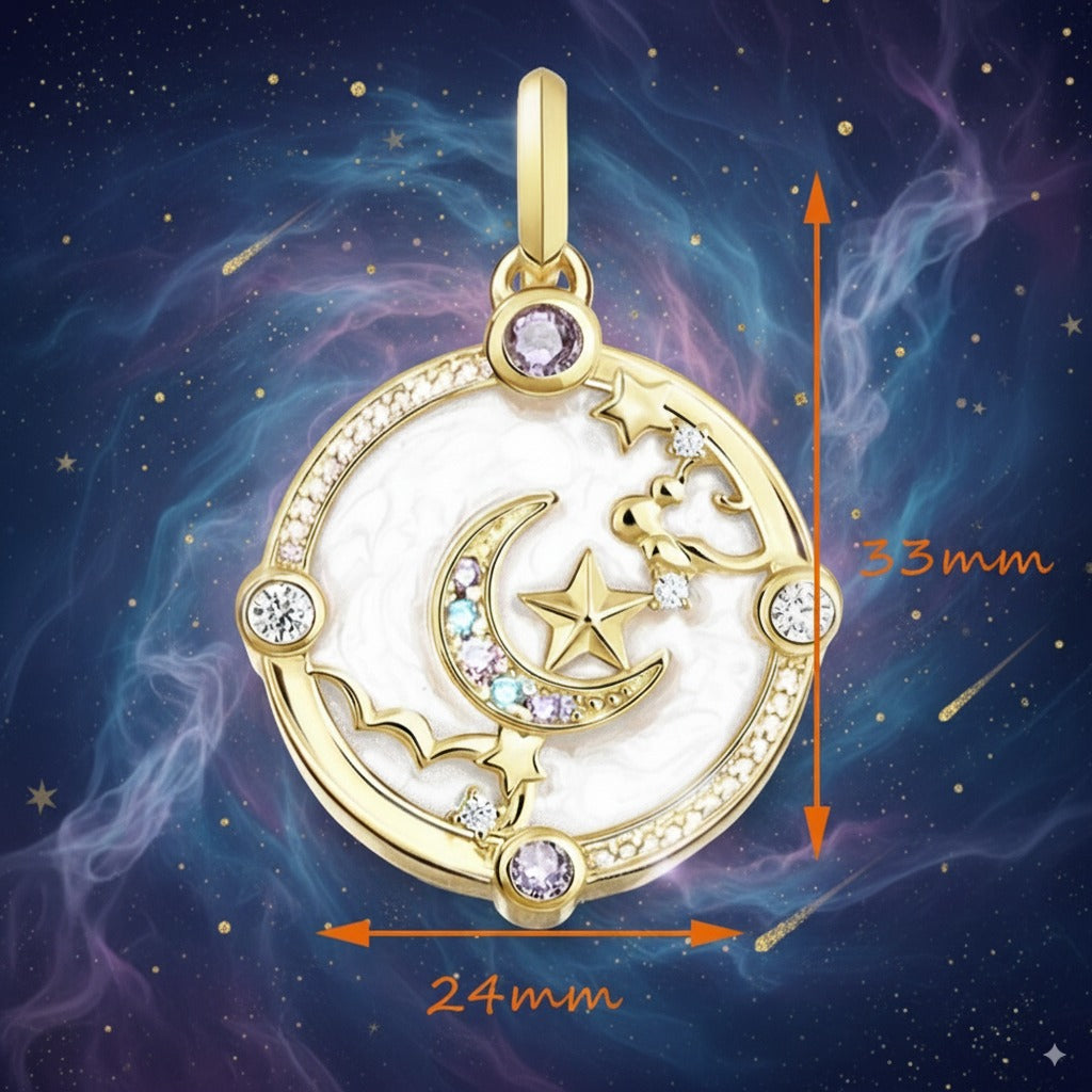 Crescent Moon, Stars & Clouds Pendant – 925 Sterling Silver with Zircon & Enamel Accents