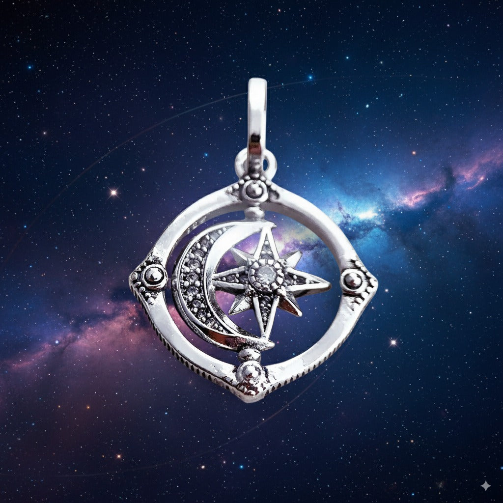 Spinning Moon & Star Manifestation Pendant – 925 Sterling Silver Cosmic Talisman with Zircon for Luck, Joy & Harmony