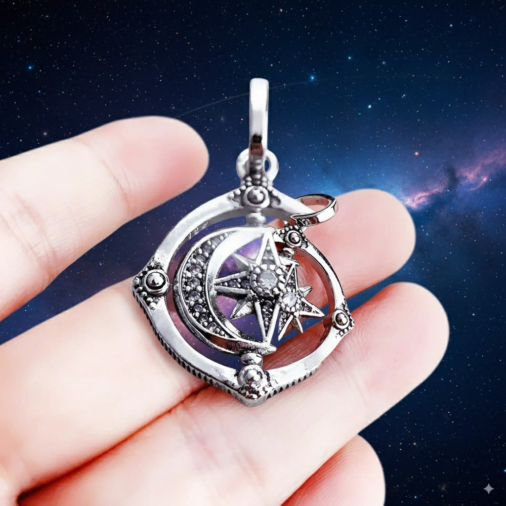 Spinning Moon & Star Manifestation Pendant – 925 Sterling Silver Cosmic Talisman with Zircon for Luck, Joy & Harmony