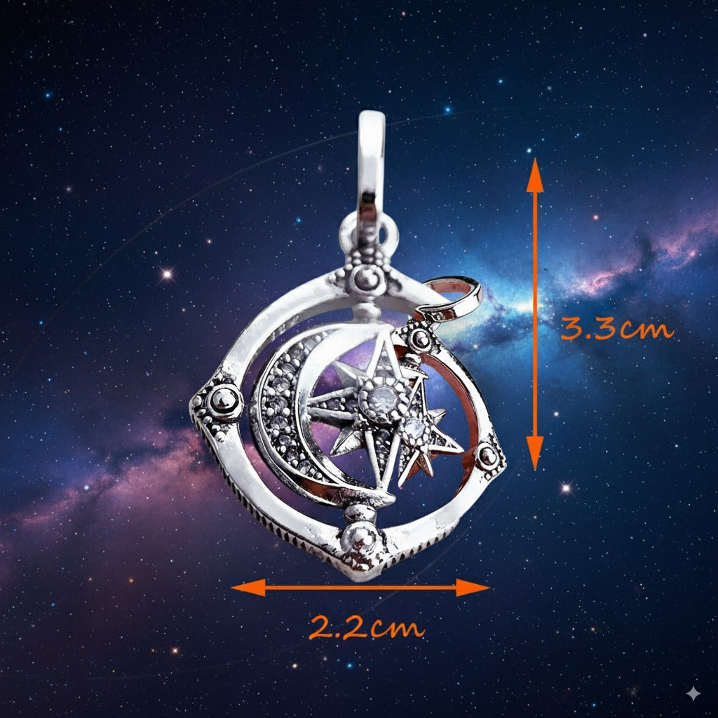 Spinning Moon & Star Manifestation Pendant – 925 Sterling Silver Cosmic Talisman with Zircon for Luck, Joy & Harmony
