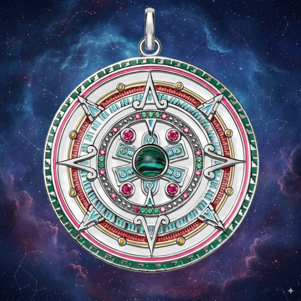 Mystical Aztec Manifestation Amulet – 925 Sterling Silver Talisman with Multicolor Zircon for Wisdom, Balance & Protection