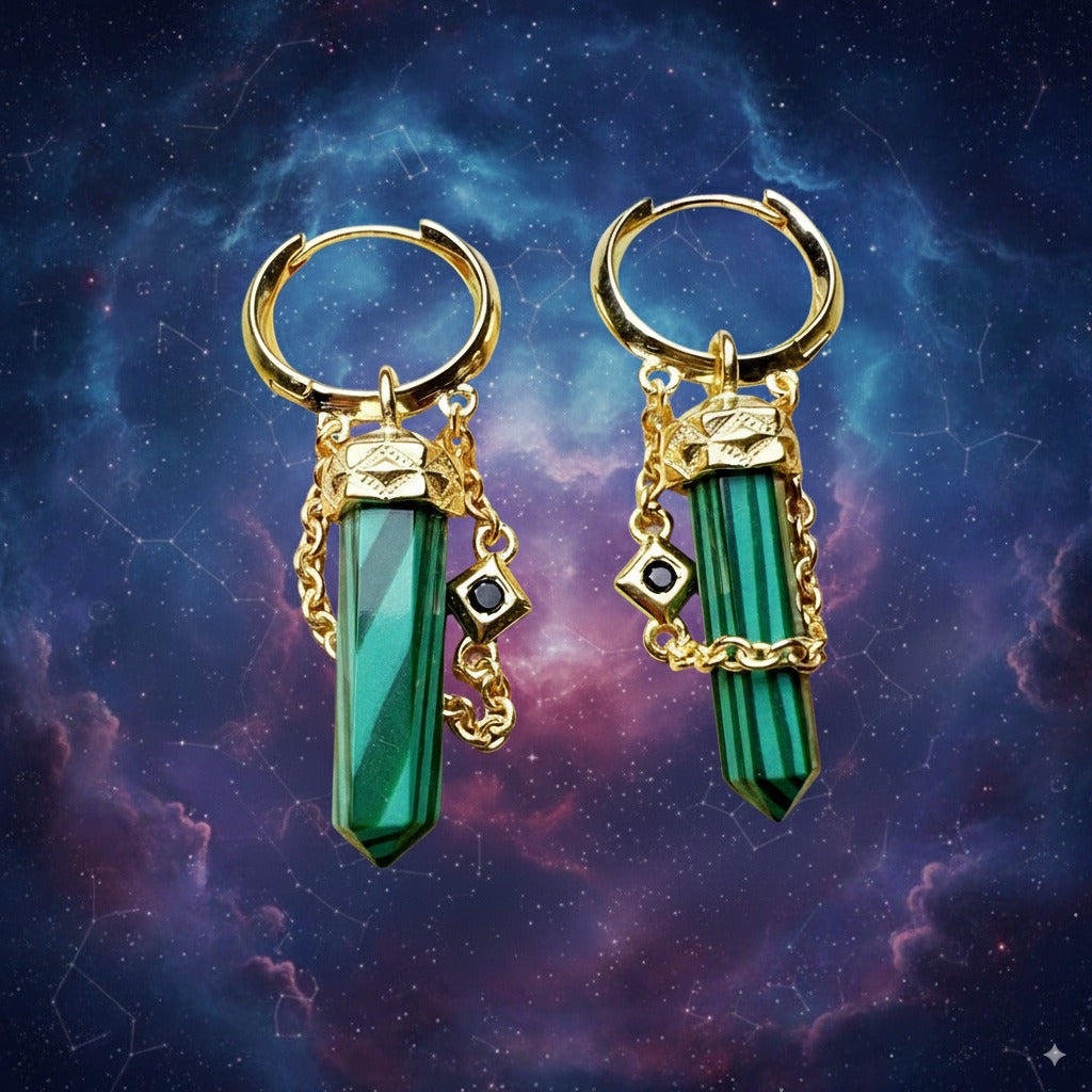 Green Malachite Hoop Earrings – 18K Gold-Plated 925 Sterling Silver with Black Zircon for Grounding & Emotional Healing