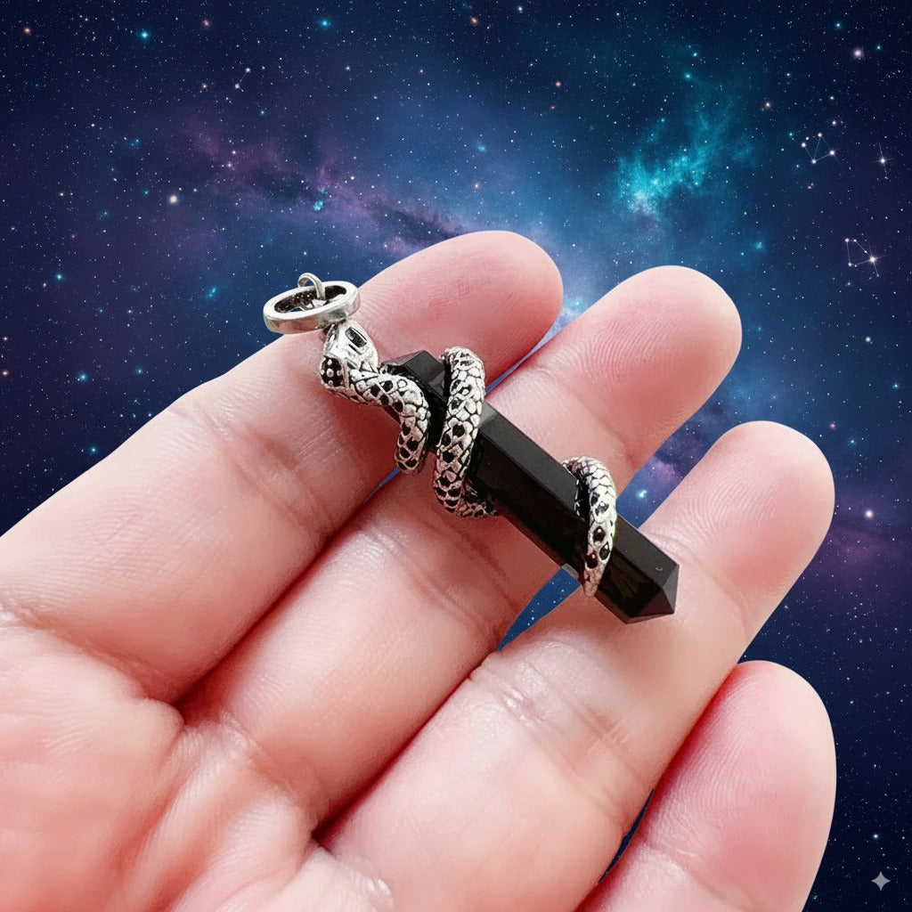 Snake & Black Onyx Protection Pendant – 925 Sterling Silver Hexagon Crystal Amulet for Transformation & Strength