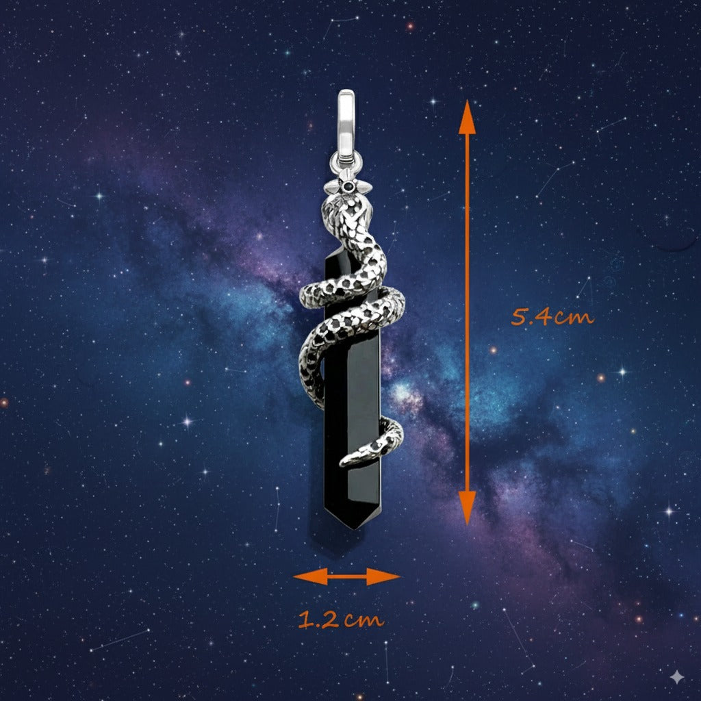 Snake & Black Onyx Protection Pendant – 925 Sterling Silver Hexagon Crystal Amulet for Transformation & Strength