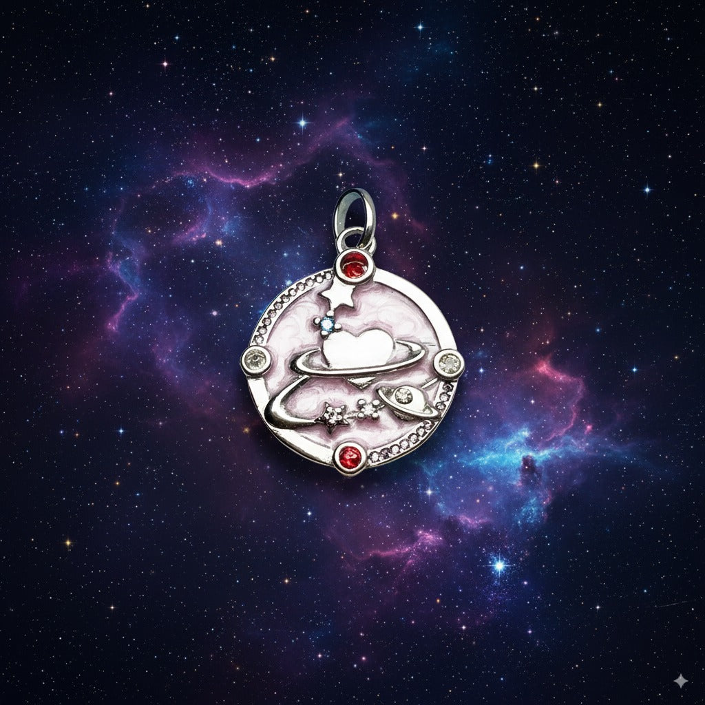 Pink Heart Planet Cosmic Pendant – 925 Sterling Silver Talisman with Enamel & Zircon for Love, Guidance & Manifestation