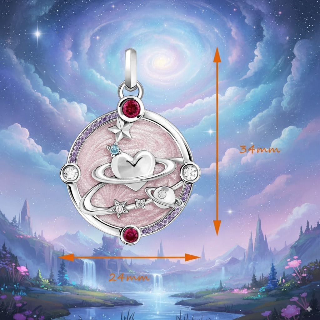 Pink Heart Planet Cosmic Pendant – 925 Sterling Silver Talisman with Enamel & Zircon for Love, Guidance & Manifestation
