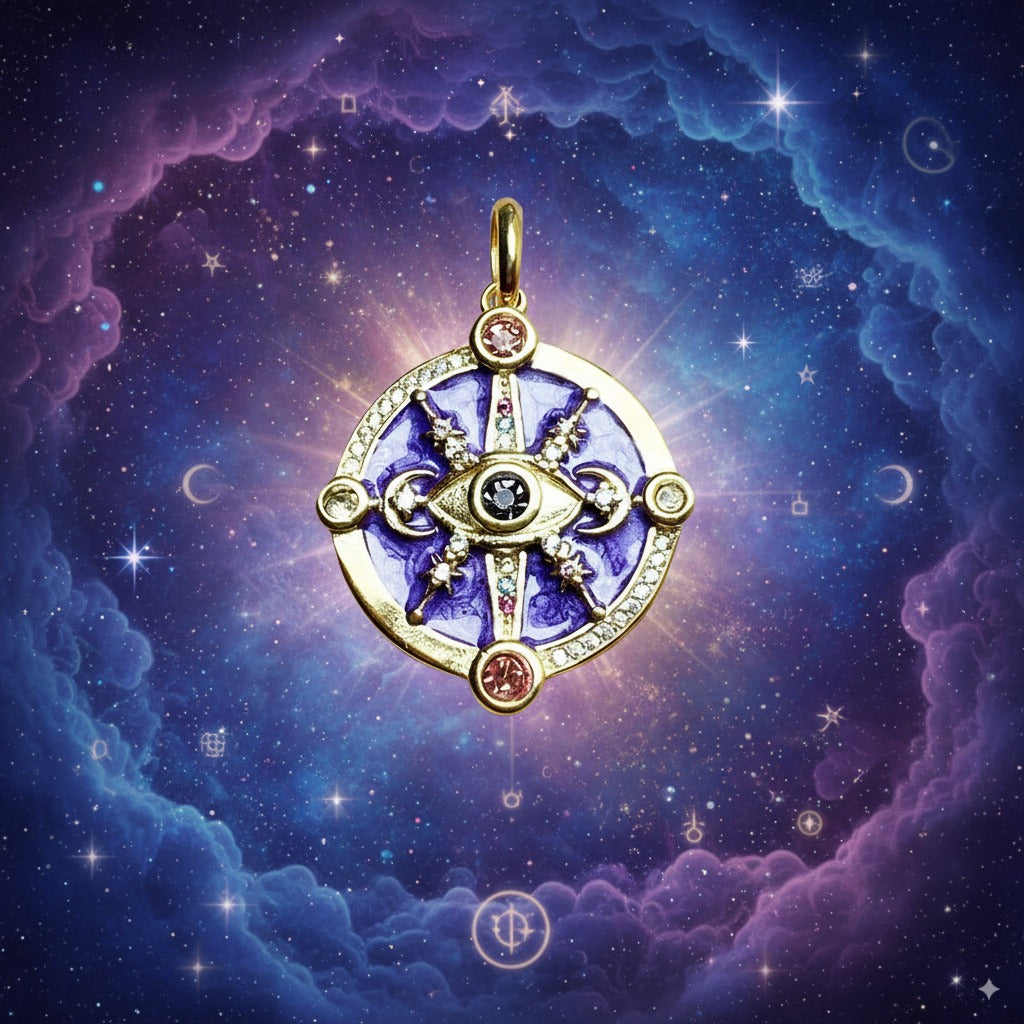 Cosmic Talisman Pendant – 18K Gold-Plated 925 Sterling Silver with Violet Enamel & Zircon for Luck, Protection & Manifestation
