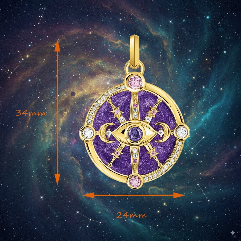 Cosmic Talisman Pendant – 18K Gold-Plated 925 Sterling Silver with Violet Enamel & Zircon for Luck, Protection & Manifestation