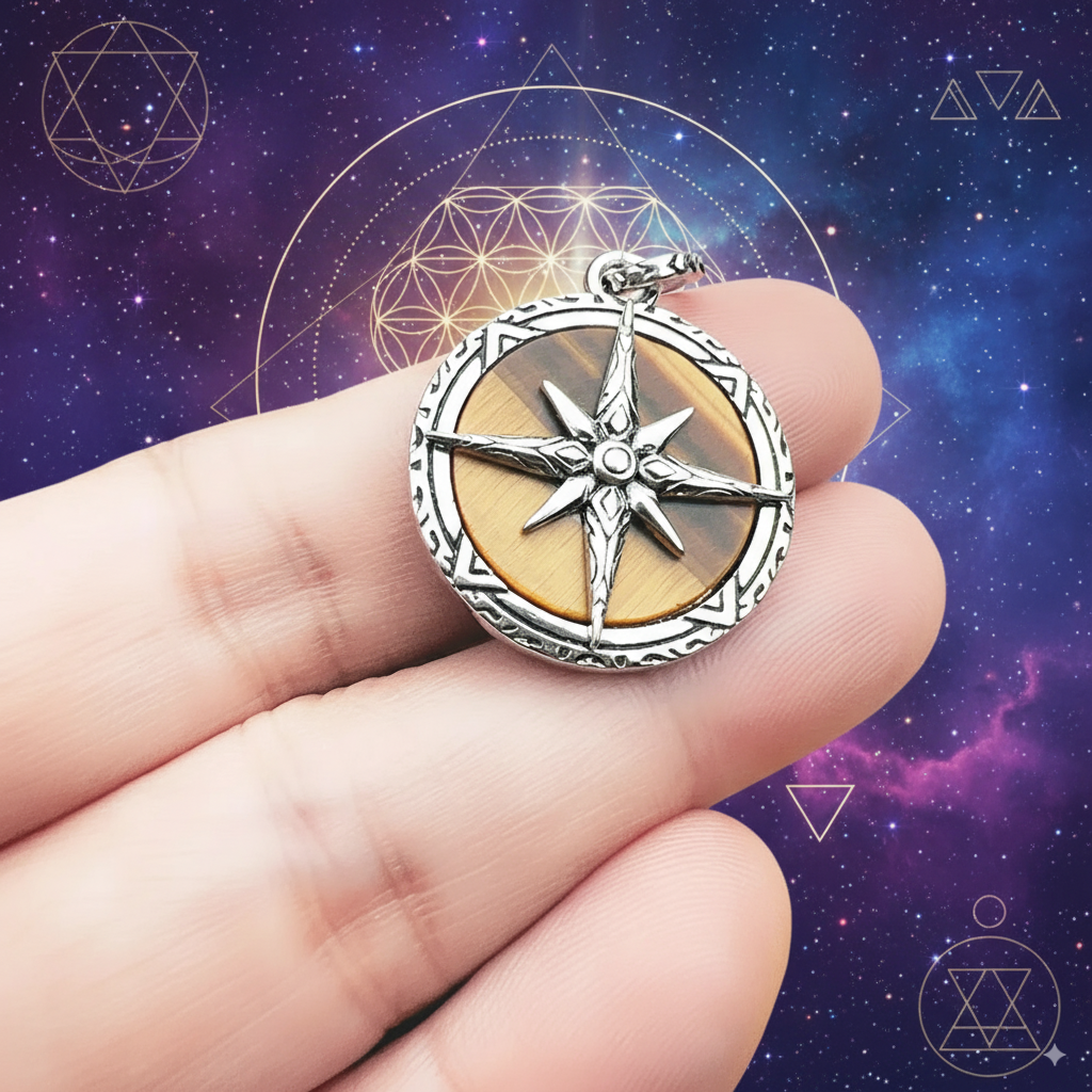 Tiger’s Eye Compass Pendant – 925 Sterling Silver Talisman for Guidance, Protection & Life’s Journey