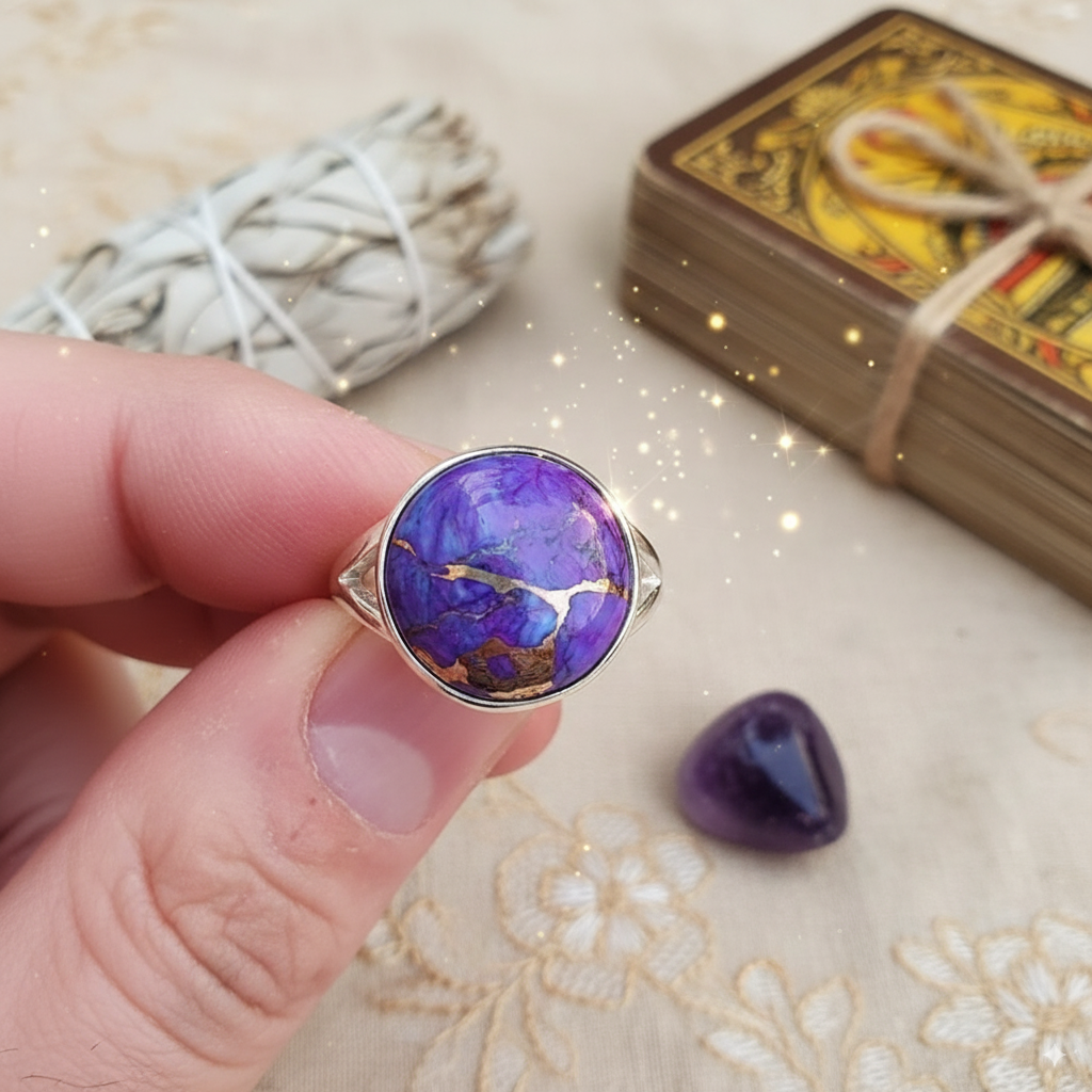 Purple Copper Turquoise Round Ring • 925 Sterling Silver • Intuition & Transformation