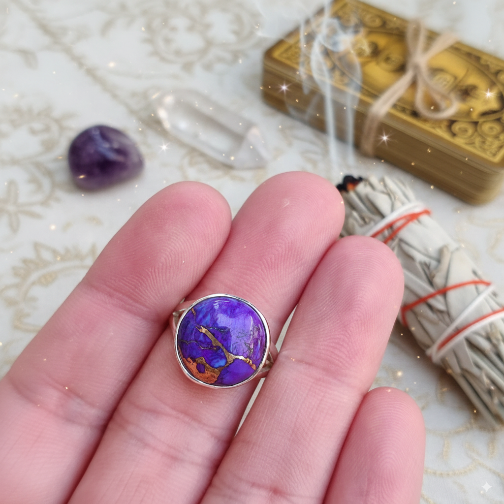Purple Copper Turquoise Round Ring • 925 Sterling Silver • Intuition & Transformation