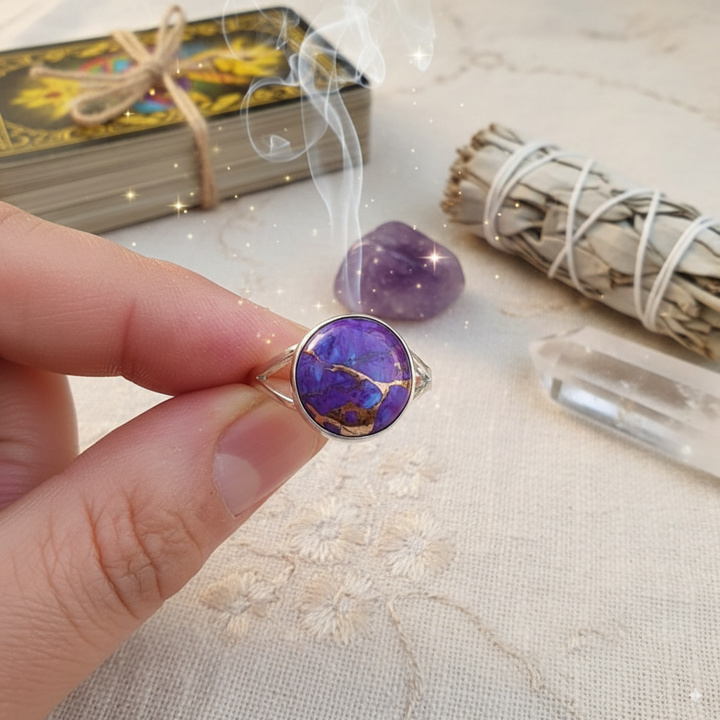 Purple Copper Turquoise Round Ring • 925 Sterling Silver • Intuition & Transformation
