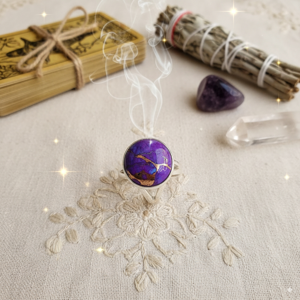 Purple Copper Turquoise Round Ring • 925 Sterling Silver • Intuition & Transformation